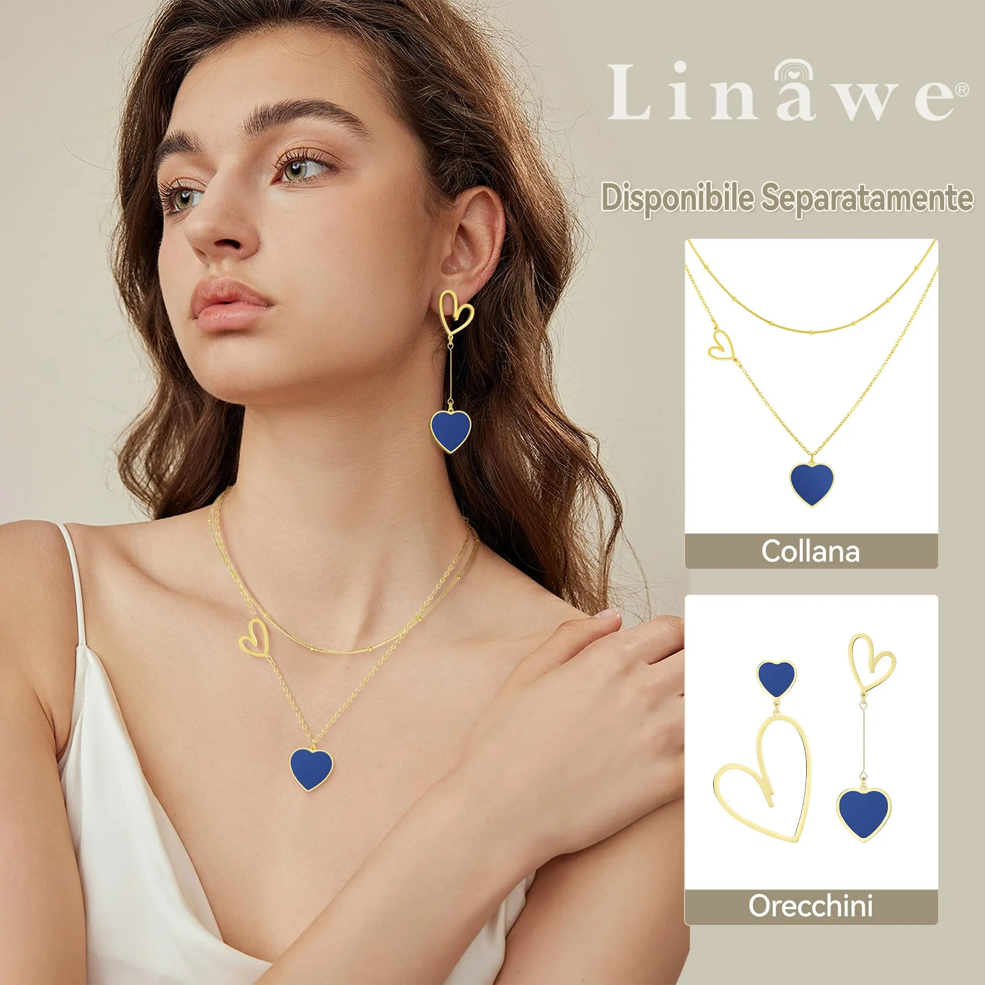 Linawe Collana a Cuore Blu da Donna in Acciaio Inossidabile Placcato Oro, Set a Strati con Ciondolo - immagine 3