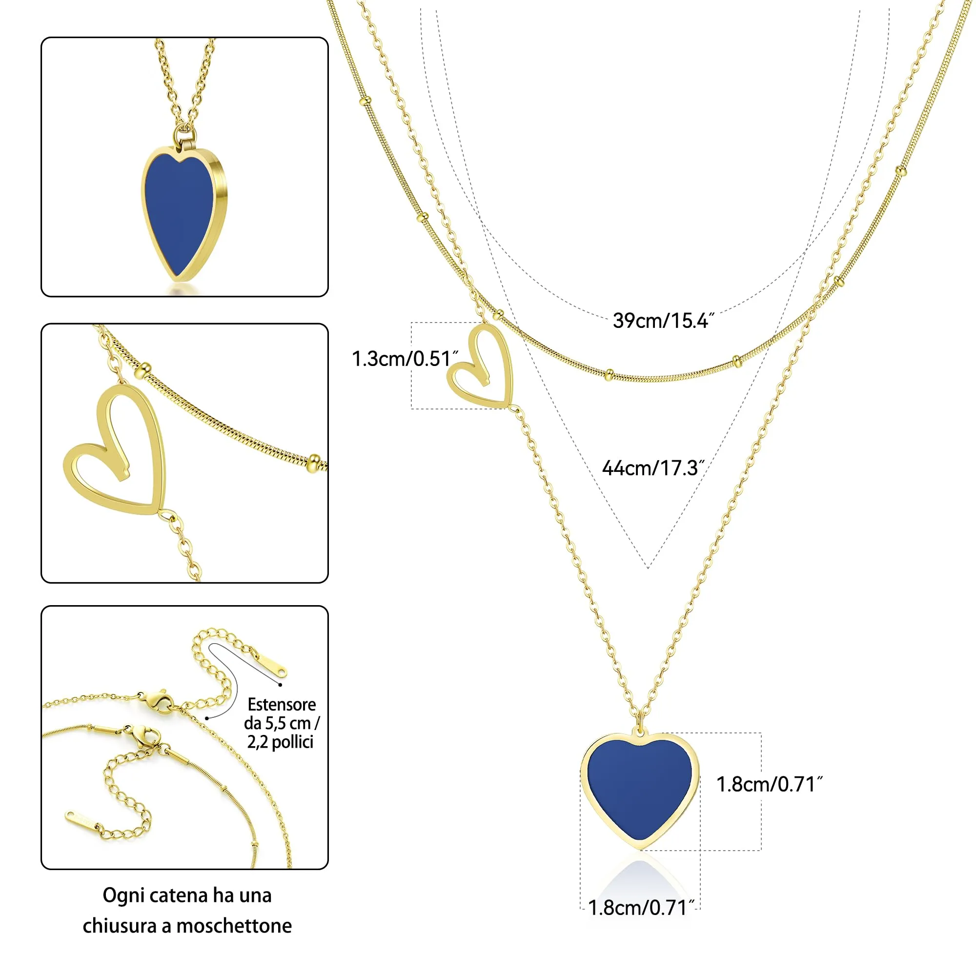 Linawe Collana a Cuore Blu da Donna in Acciaio Inossidabile Placcato Oro, Set a Strati con Ciondolo - immagine 5
