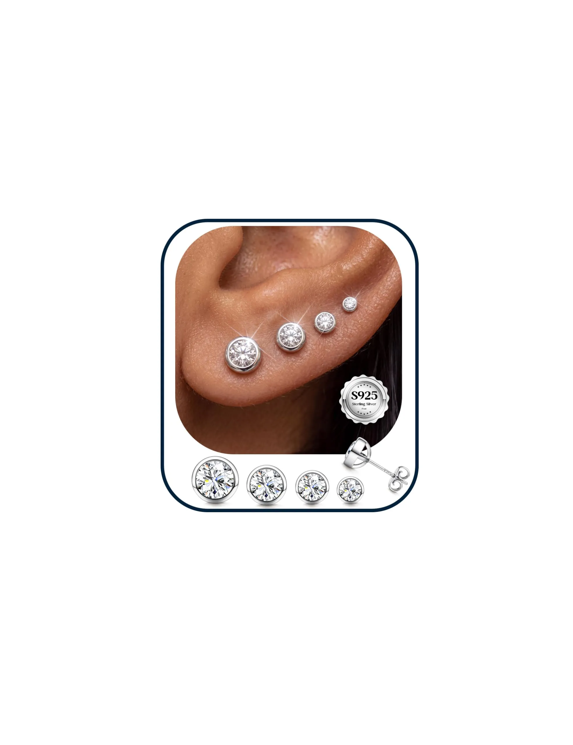Dochais Orecchini in Argento Sterling 925 con Zirconi Cubici, Set da 4 Paia (3/4/5/6mm), Ipoallergenici per Lobi e Cartilagine - immagine 1