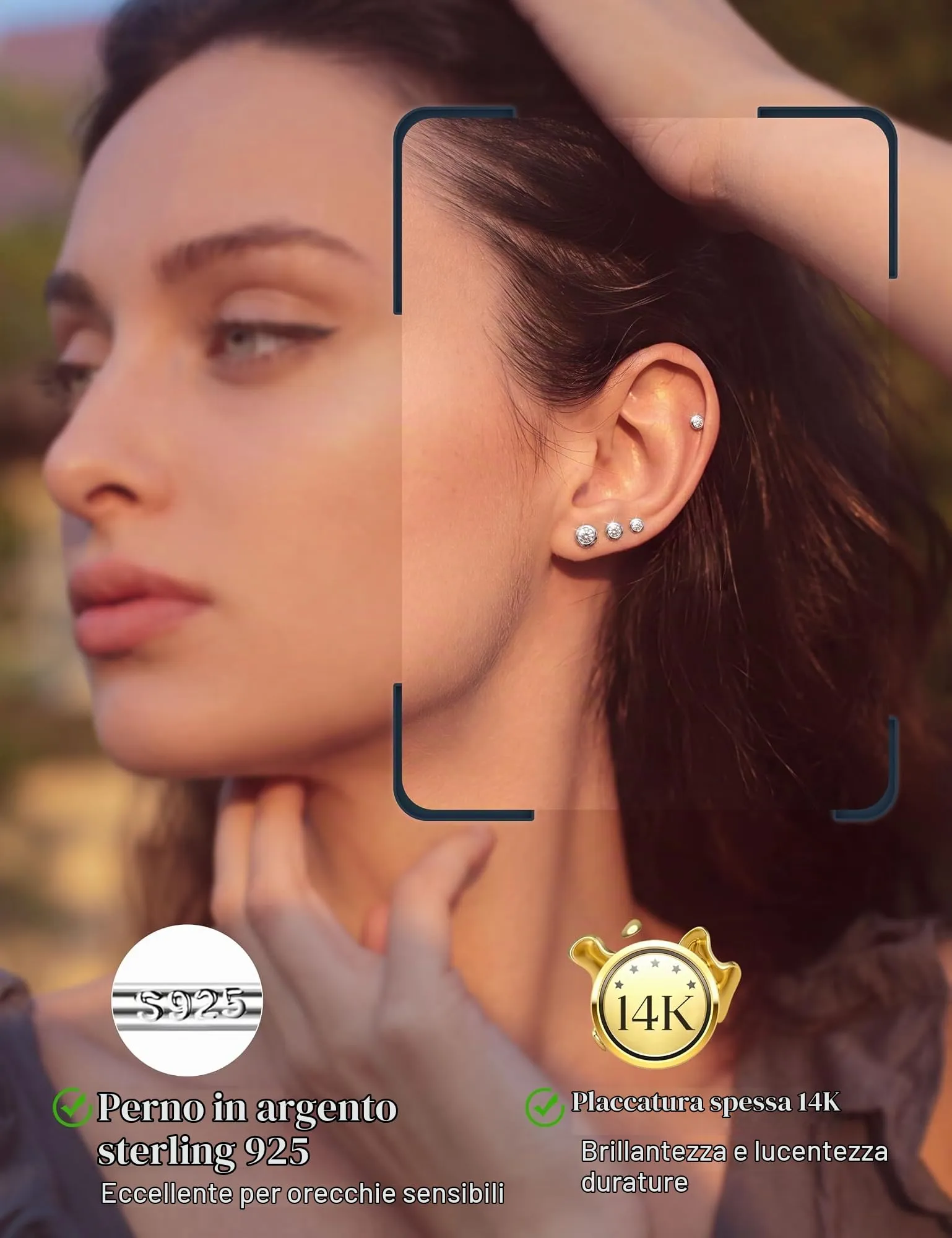 Dochais Orecchini in Argento Sterling 925 con Zirconi Cubici, Set da 4 Paia (3/4/5/6mm), Ipoallergenici per Lobi e Cartilagine - immagine 2