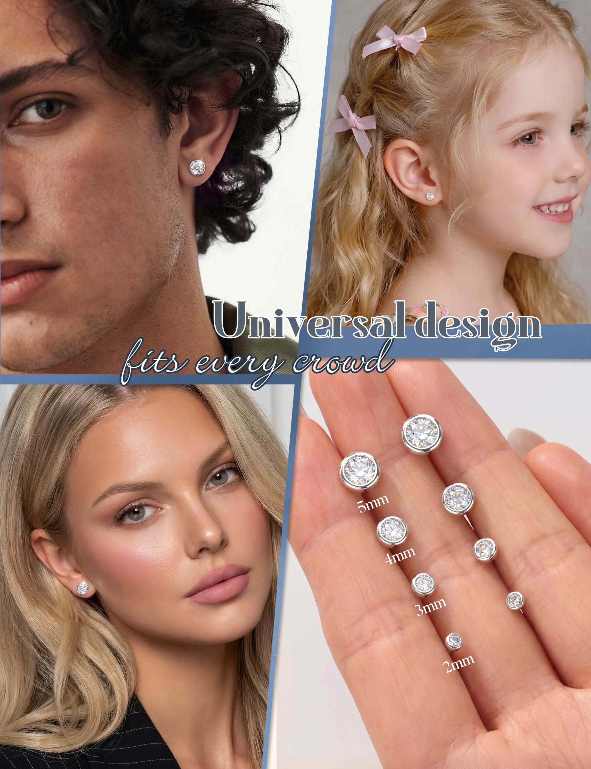 Dochais Orecchini in Argento Sterling 925 con Zirconi Cubici, Set da 4 Paia (3/4/5/6mm), Ipoallergenici per Lobi e Cartilagine - immagine 3