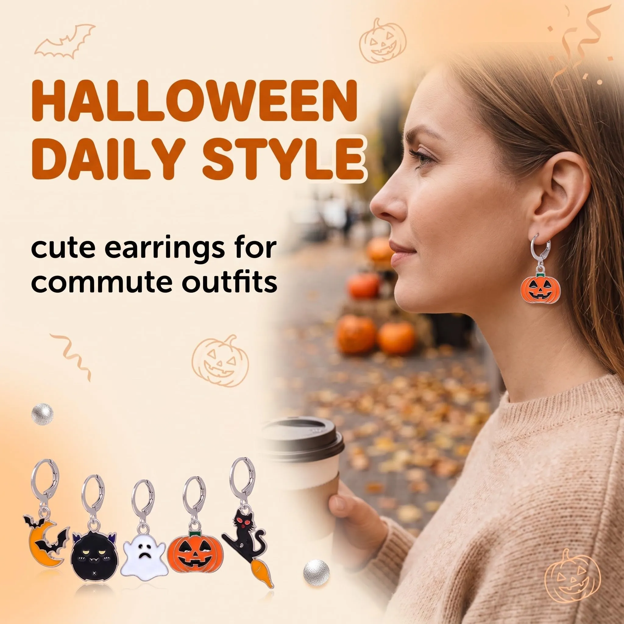 IMLDUY Set 5 Paia Orecchini Halloween Donna Zucca Fantasma e Gatto Nero - immagine 4