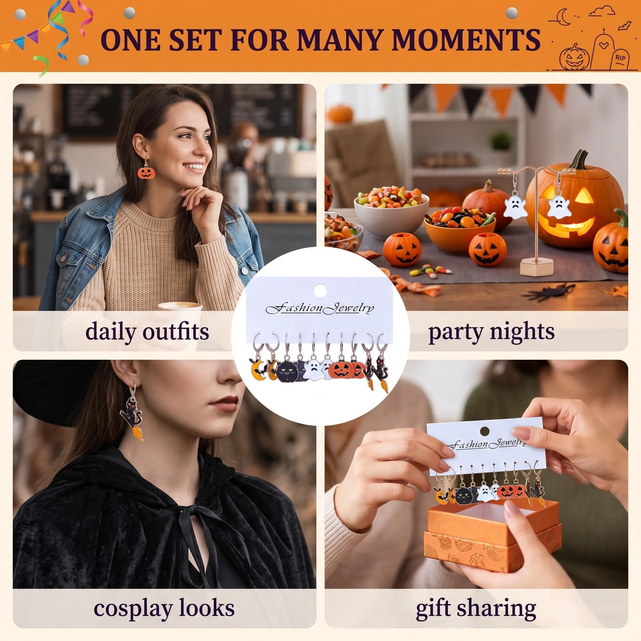 IMLDUY Set 5 Paia Orecchini Halloween Donna Zucca Fantasma e Gatto Nero - immagine 7