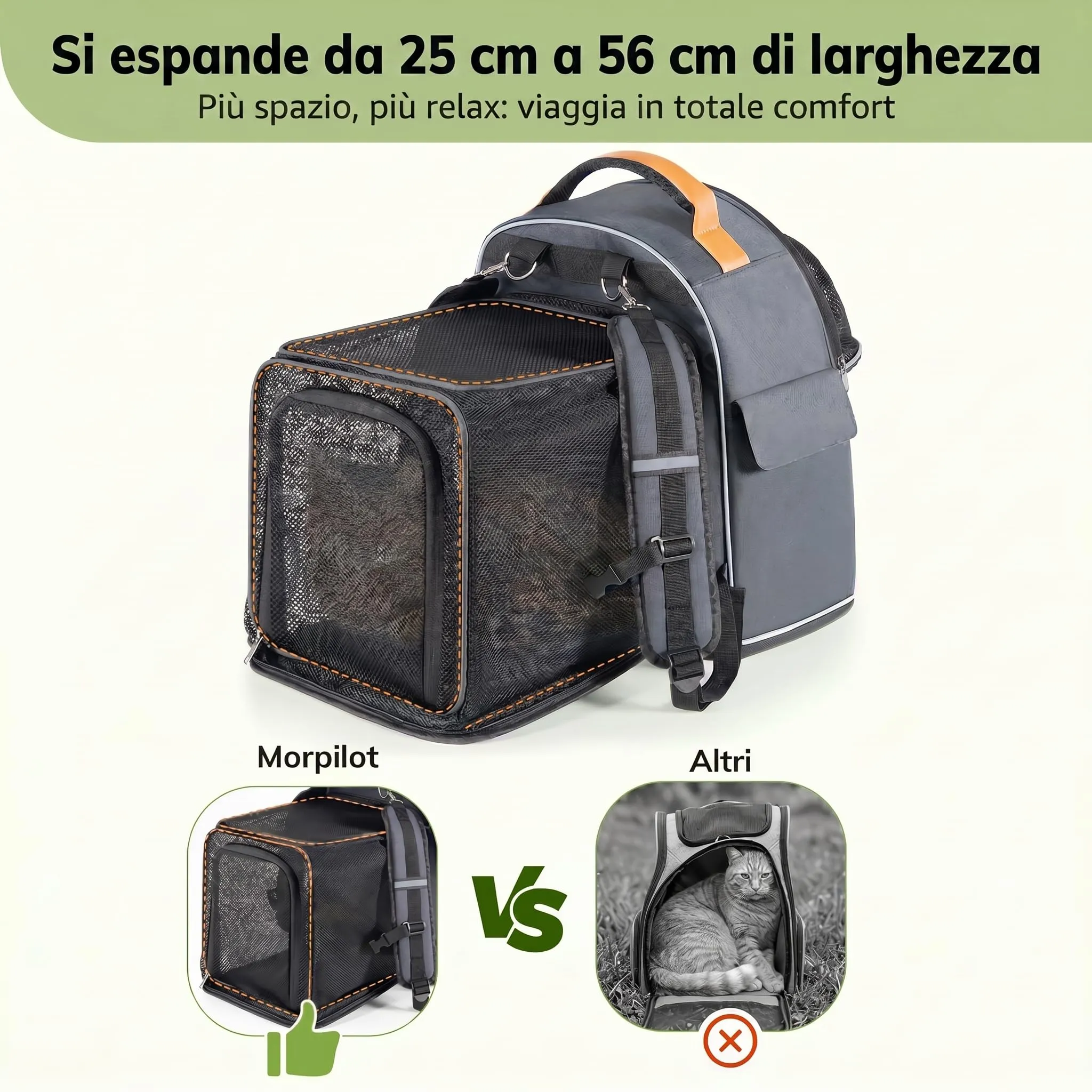 Morpilot Trasportino Gatto Espandibile Zaino per Cani e Gatti, Grigio L - immagine 2