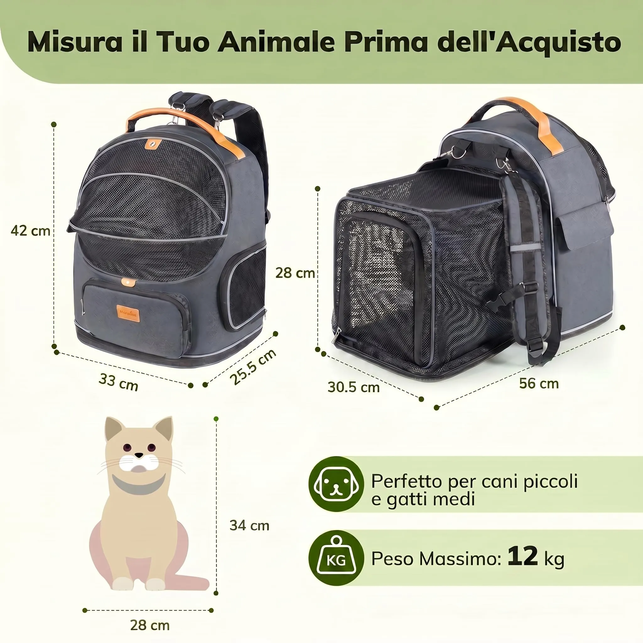 Morpilot Trasportino Gatto Espandibile Zaino per Cani e Gatti, Grigio L - immagine 4