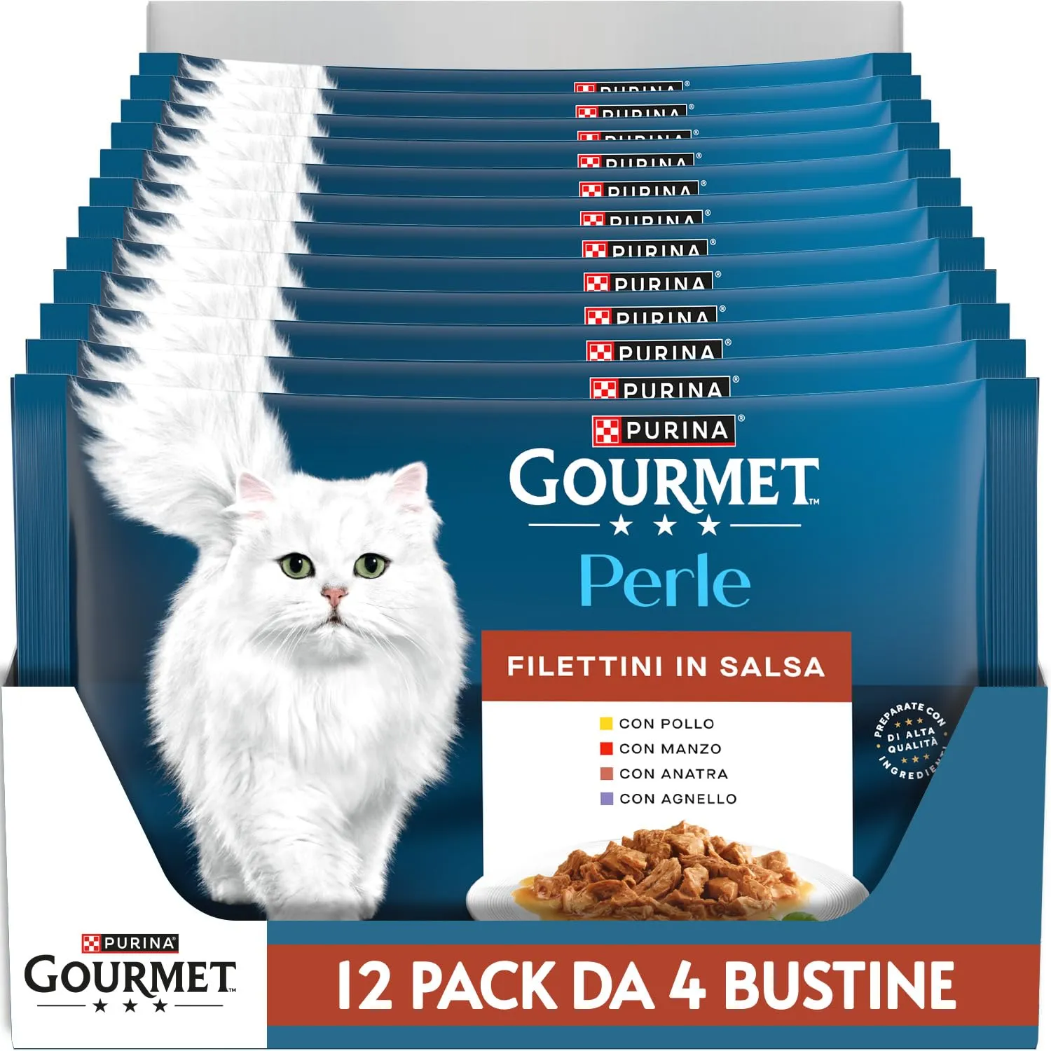 Gourmet Perle Cibo Umido per Gatti Adulti Filettini in Salsa con Agnello, Anatra, Manzo, Pollo, 48 Buste da 85g - immagine 1