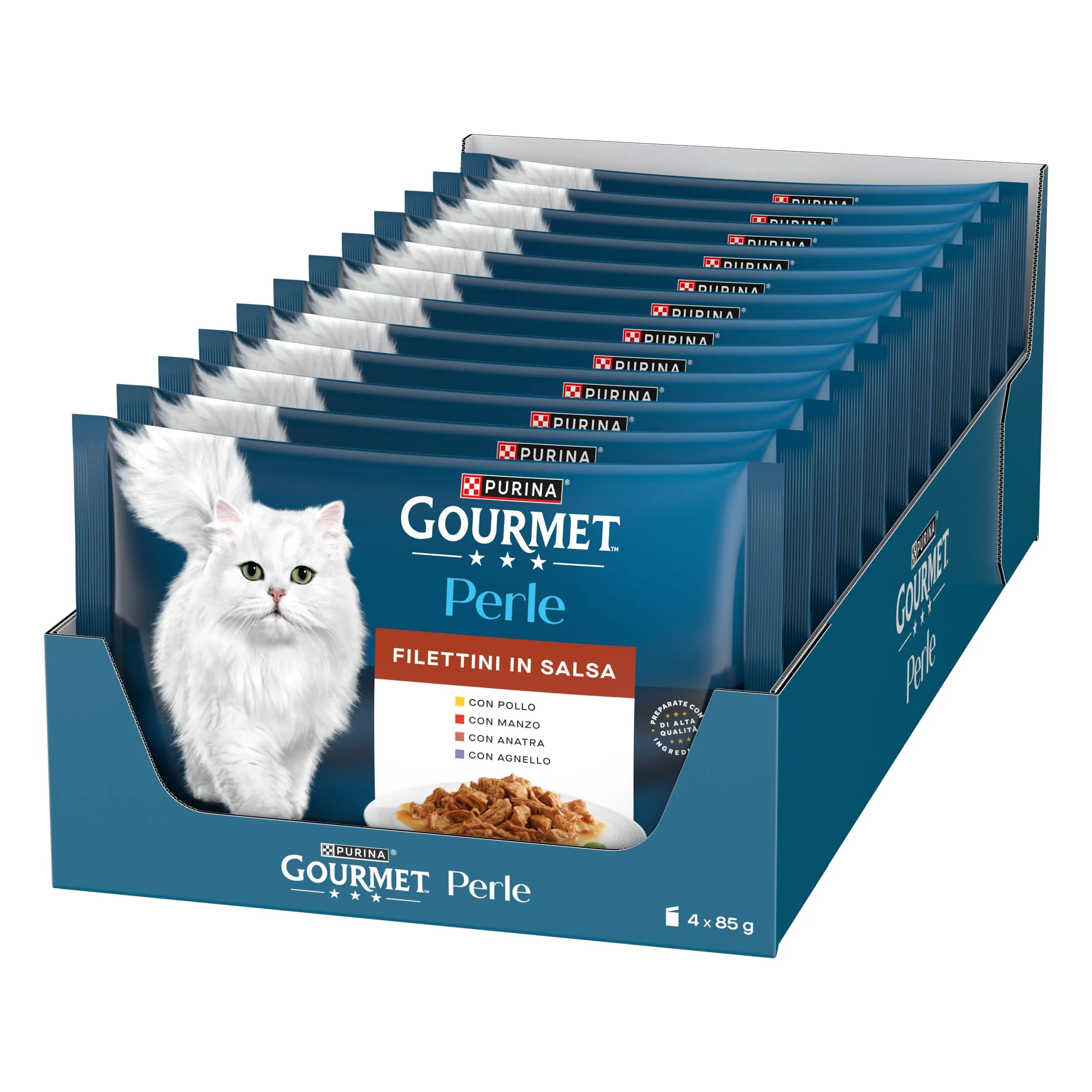 Gourmet Perle Cibo Umido per Gatti Adulti Filettini in Salsa con Agnello, Anatra, Manzo, Pollo, 48 Buste da 85g - immagine 3