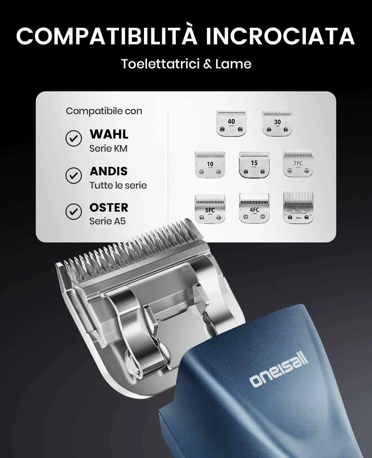 oneisall Tosatrice Professionale per Cani e Gatti a pelo lungo, con 2 Batterie Rimovibili e Pettini in Acciaio Carboniato, Blu - immagine 6