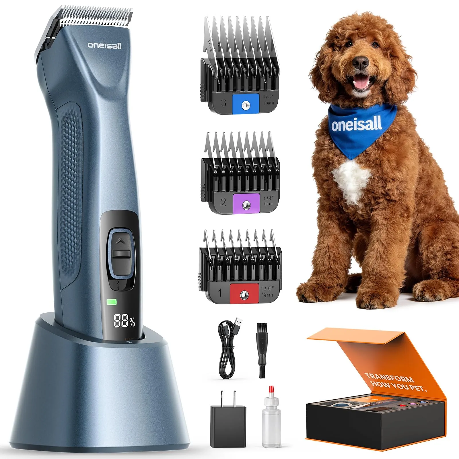 oneisall Tosatrice Professionale per Cani e Gatti a Pelo Lungo, Batteria Rimovibile e Pettini in Acciaio al Carbonio - immagine 1