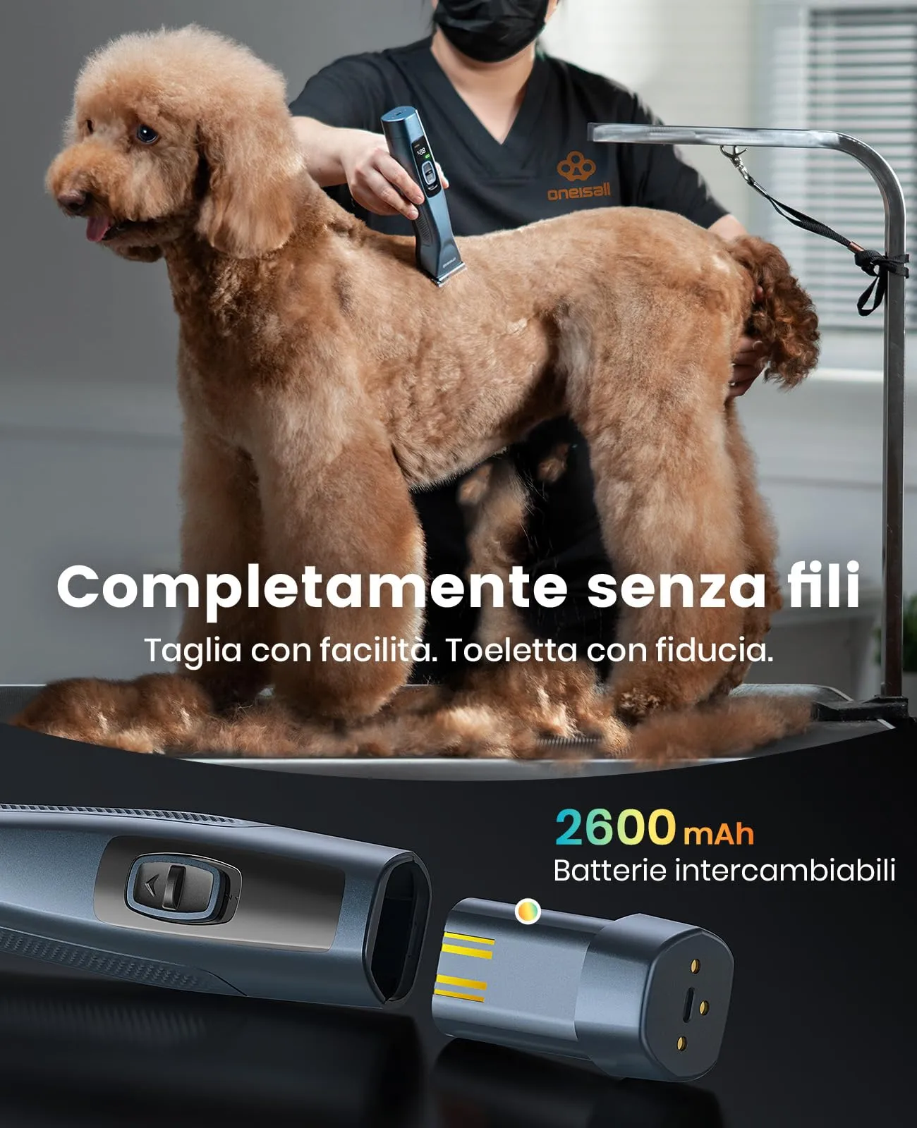 oneisall Tosatrice Professionale per Cani e Gatti a Pelo Lungo, Batteria Rimovibile e Pettini in Acciaio al Carbonio - immagine 3