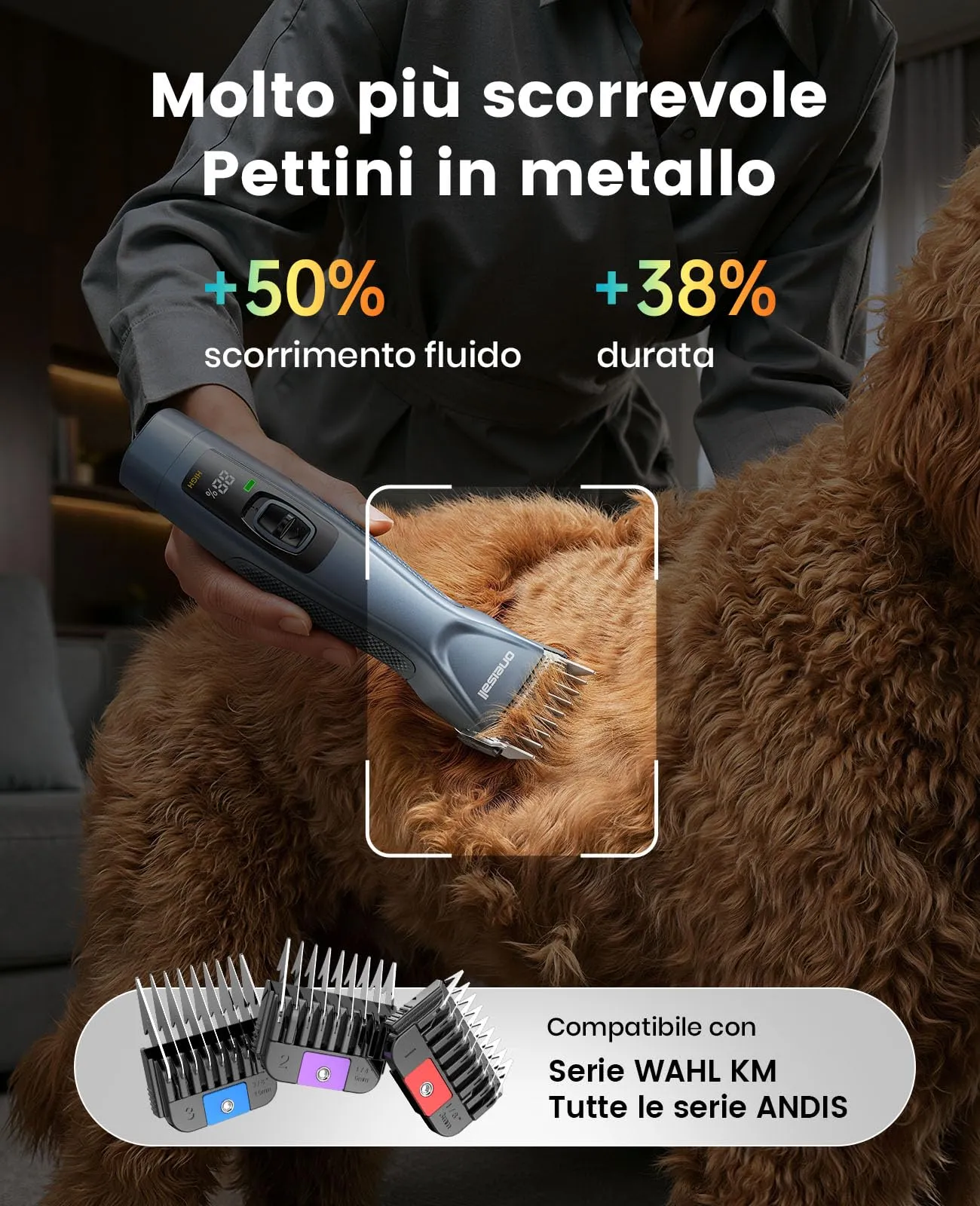 oneisall Tosatrice Professionale per Cani e Gatti a Pelo Lungo, Batteria Rimovibile e Pettini in Acciaio al Carbonio - immagine 8