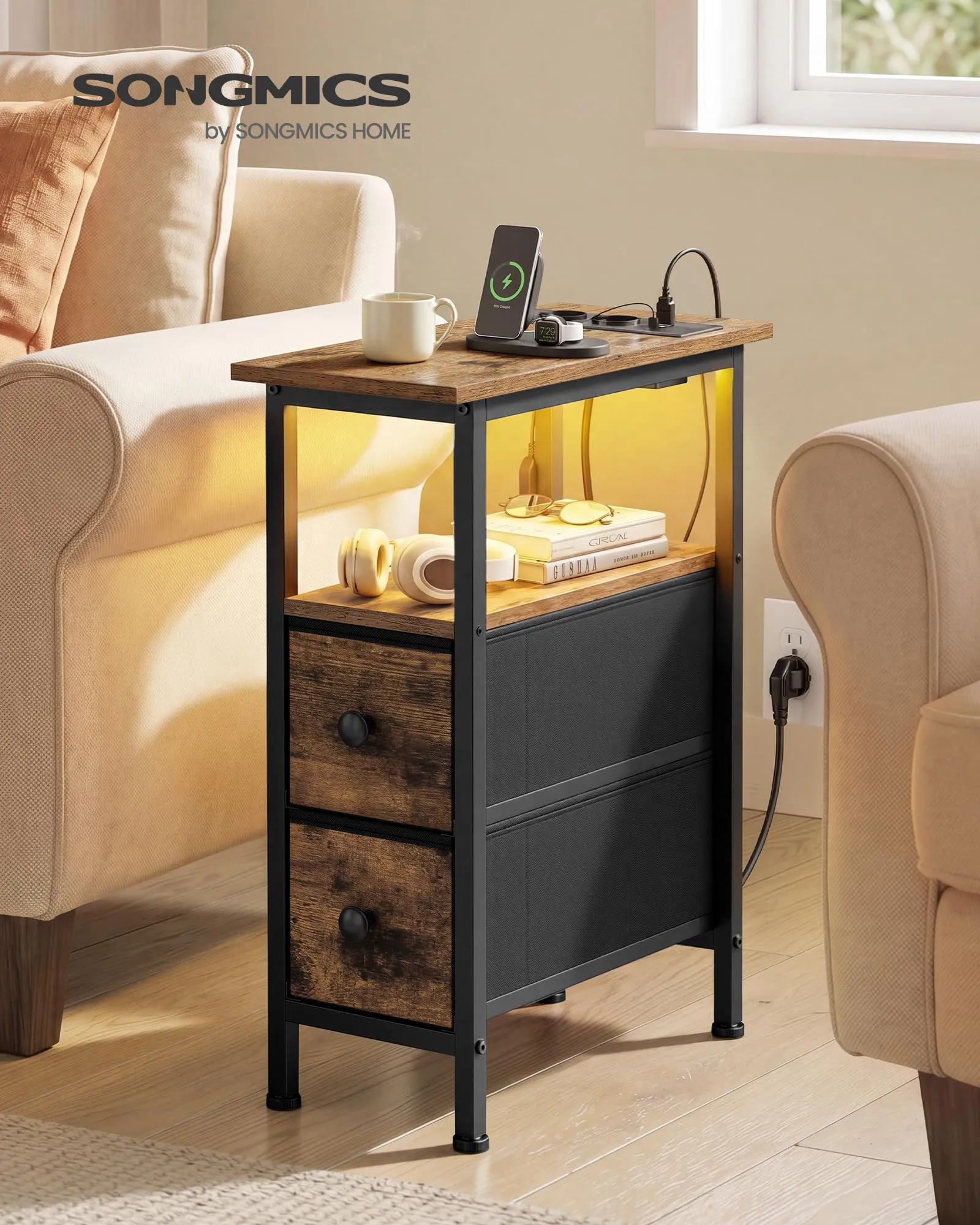 SONGMICS Comodino Slim con Presa Multipla, LED e 2 Cassetti, Marrone Vintage - immagine 2