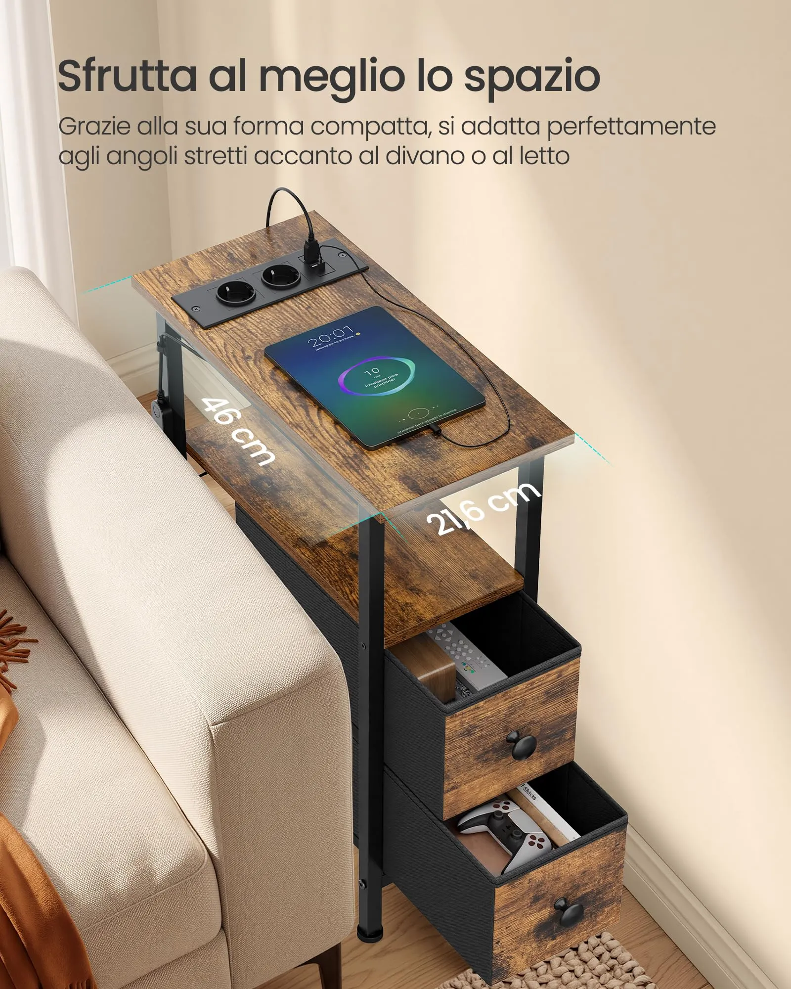 SONGMICS Comodino Slim con Presa Multipla, LED e 2 Cassetti, Marrone Vintage - immagine 3