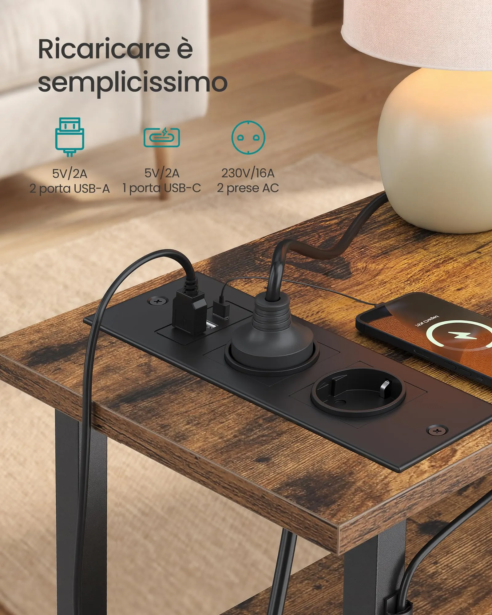 SONGMICS Comodino Slim con Presa Multipla, LED e 2 Cassetti, Marrone Vintage - immagine 4
