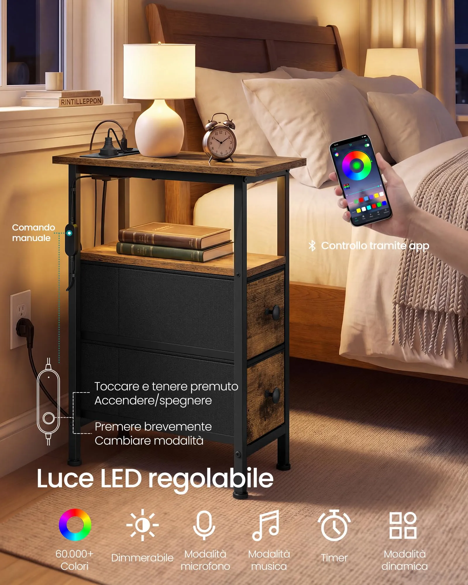SONGMICS Comodino Slim con Presa Multipla, LED e 2 Cassetti, Marrone Vintage - immagine 5