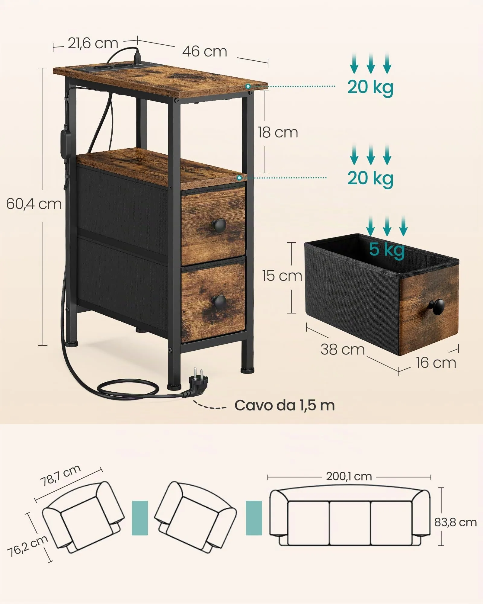 SONGMICS Comodino Slim con Presa Multipla, LED e 2 Cassetti, Marrone Vintage - immagine 6