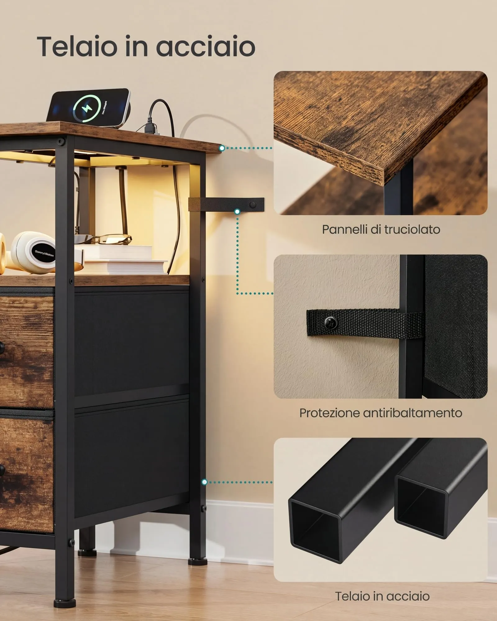 SONGMICS Comodino Slim con Presa Multipla, LED e 2 Cassetti, Marrone Vintage - immagine 7