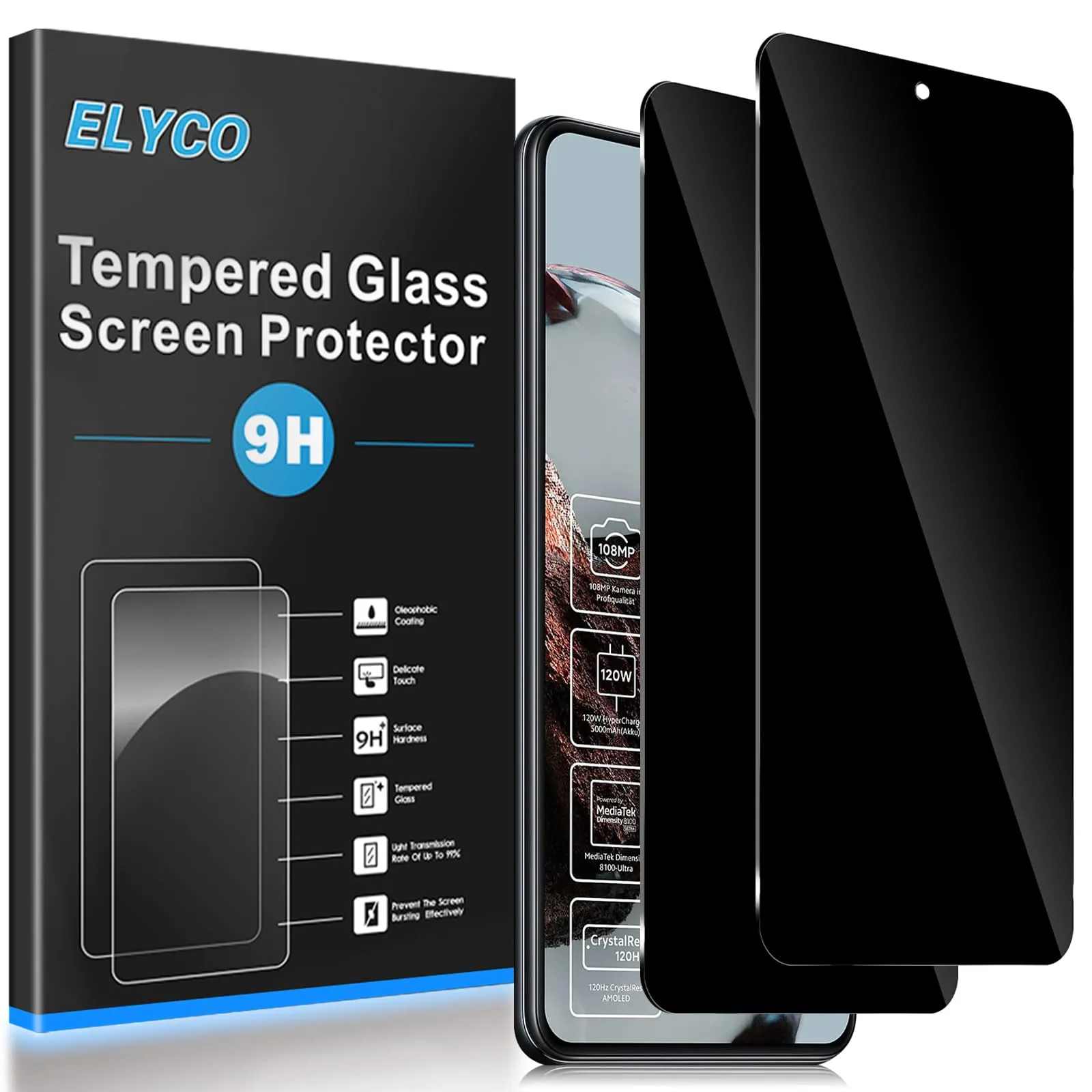 ELYCO Vetro Temperato Privacy per Xiaomi 12T/12T Pro, 2 Pezzi - immagine 1