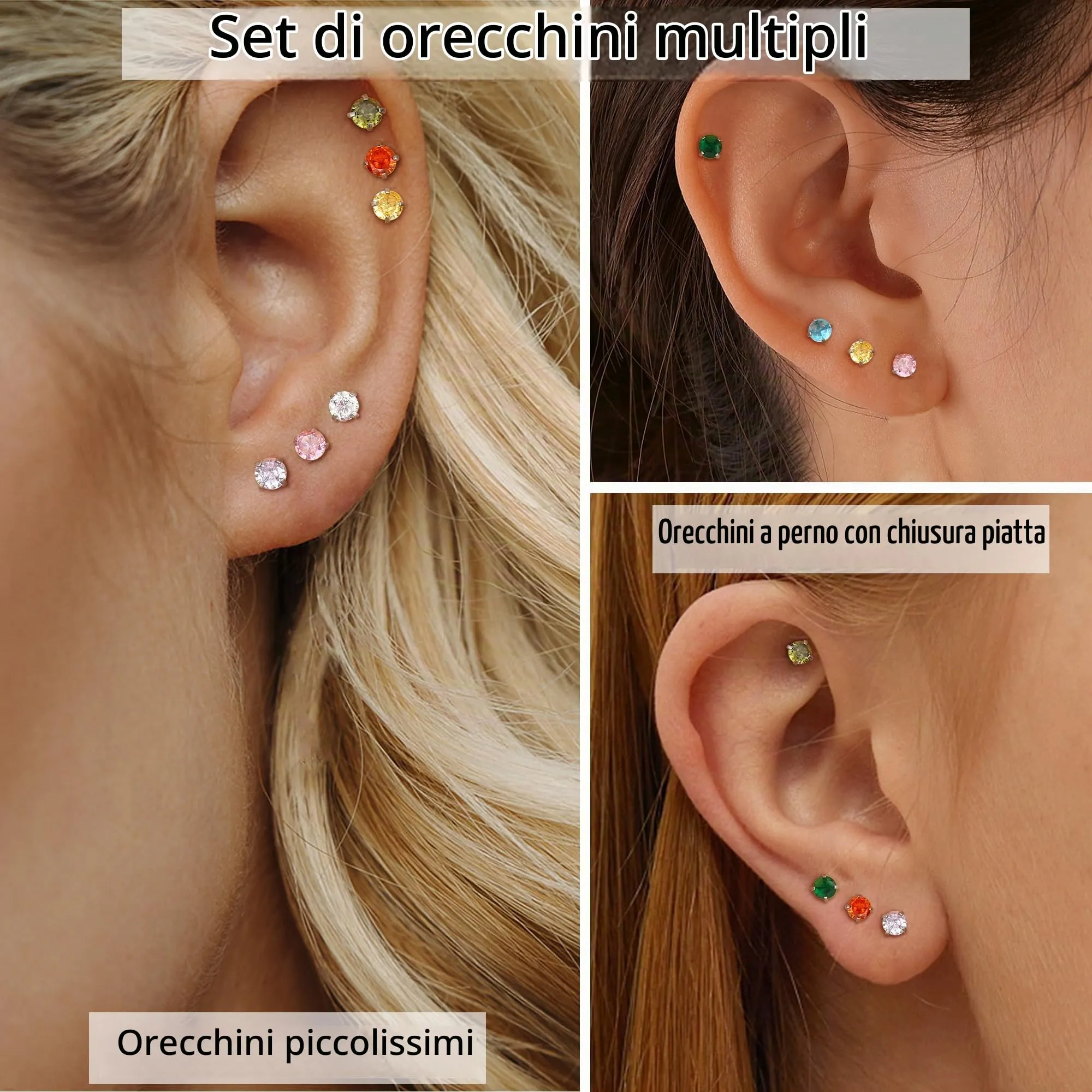 ORAZIO 6-12 Paia Orecchini a Bottone 20G in Acciaio Inossidabile con Perline di Pietra e Zirconia Cubica - immagine 2