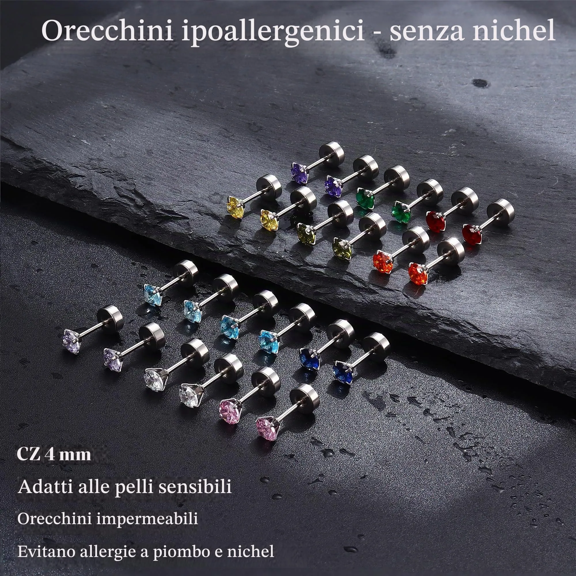 ORAZIO 6-12 Paia Orecchini a Bottone 20G in Acciaio Inossidabile con Perline di Pietra e Zirconia Cubica - immagine 4