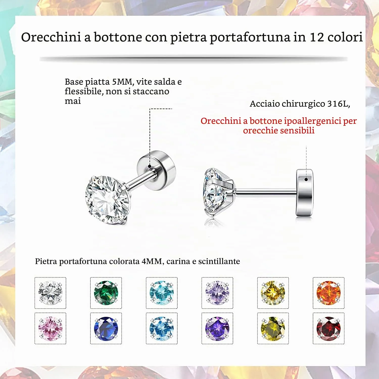 ORAZIO 6-12 Paia Orecchini a Bottone 20G in Acciaio Inossidabile con Perline di Pietra e Zirconia Cubica - immagine 6