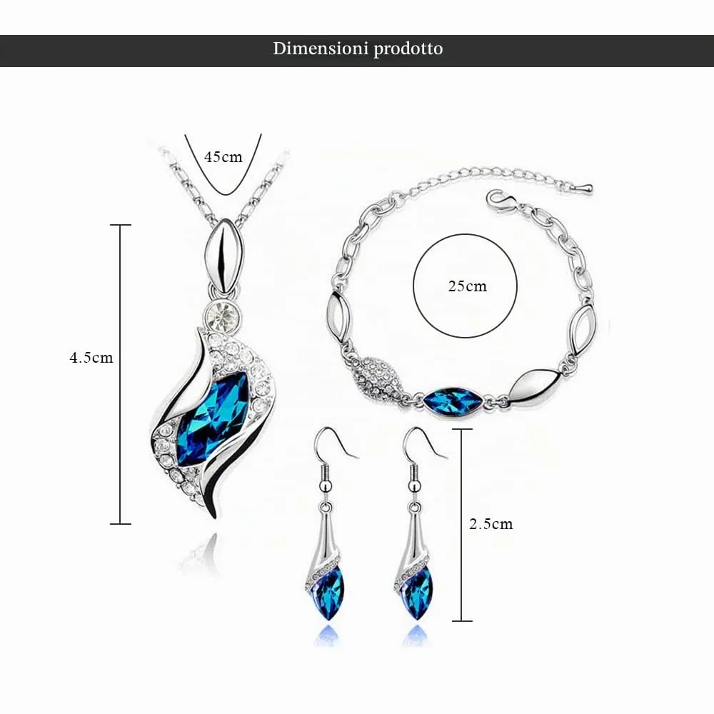 FDEETY Parure di Gioielli da Donna con Collana, Braccialetto e Orecchini a Goccia, Blu - immagine 5