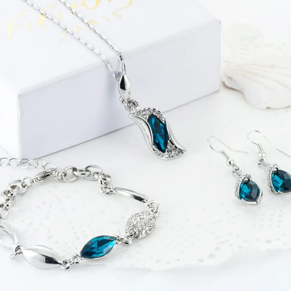 FDEETY Parure di Gioielli da Donna con Collana, Braccialetto e Orecchini a Goccia, Blu - immagine 9