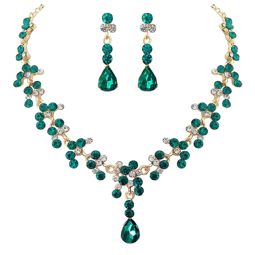 Carufin Bridal Wedding Crystal Necklace and Earrings Set (Verde) - immagine 1