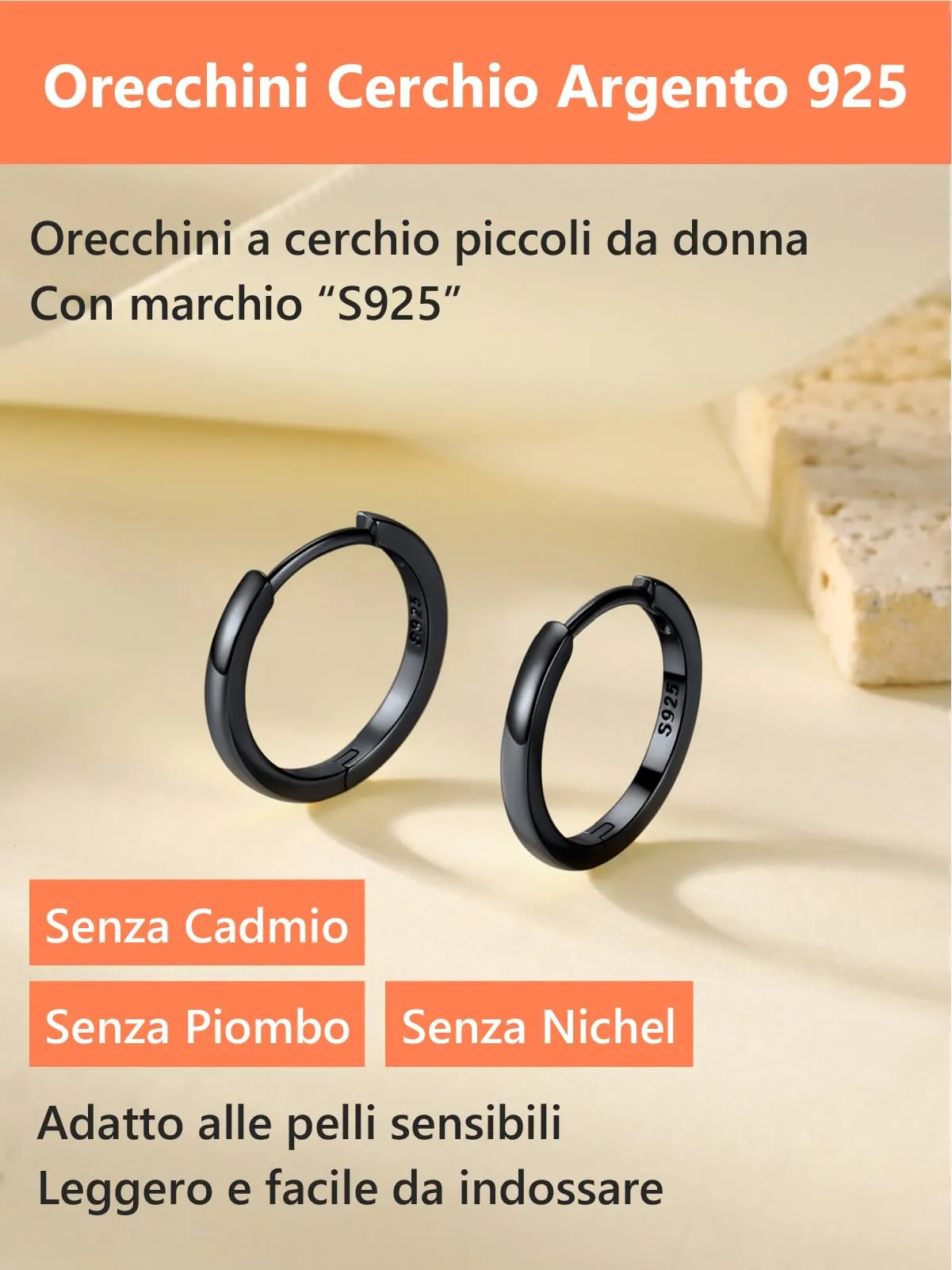 Silvora Orecchini a Cerchio in Argento 925, 14mm, Nero - immagine 6