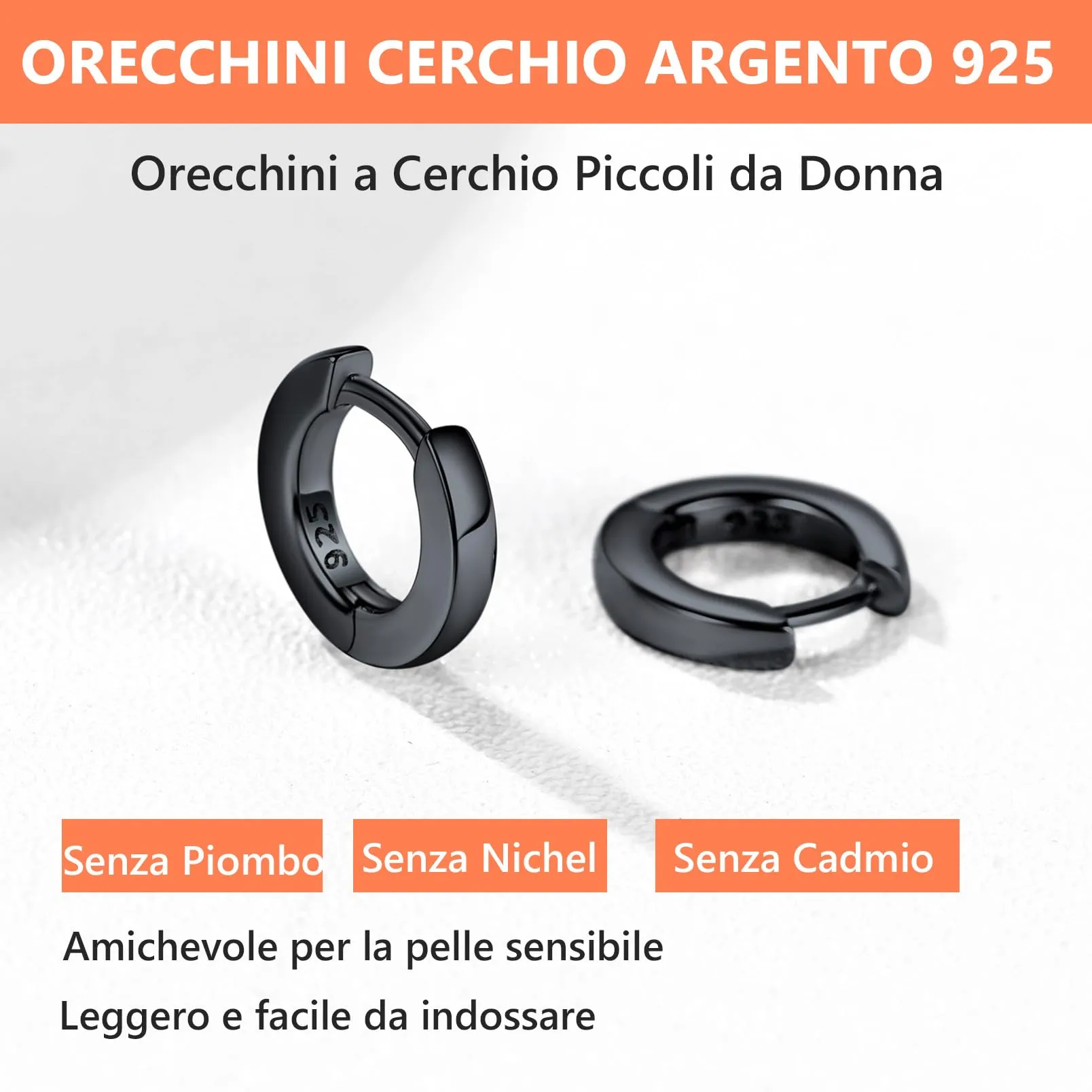 Silvora Orecchini a Cerchio in Argento 925, 6mm, Nero - immagine 6