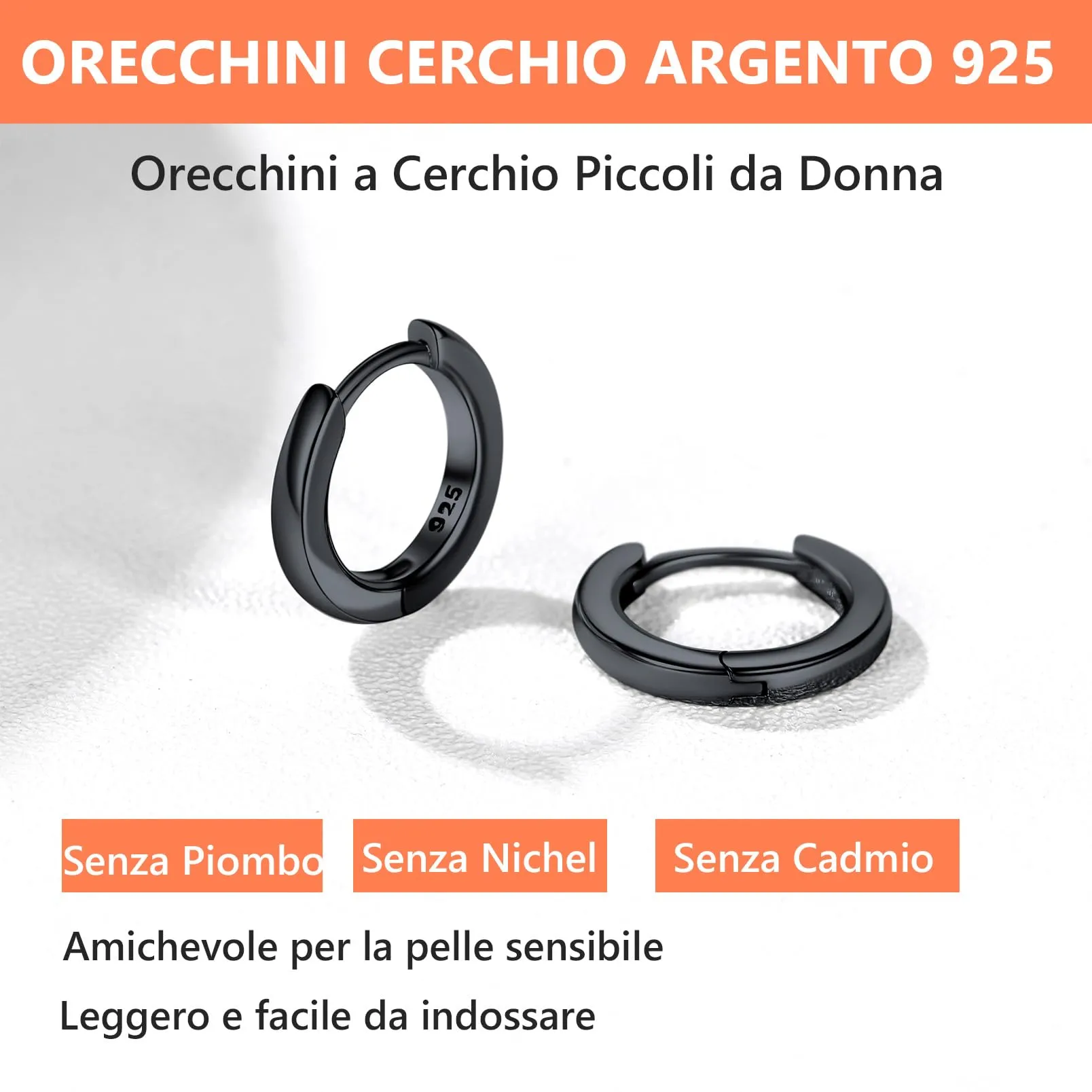 Silvora Orecchini a Cerchio in Argento 925, 8mm, Nero - immagine 6