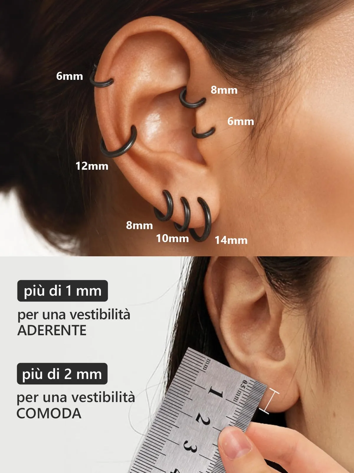Silvora Orecchini a Cerchio in Argento 925, 10mm, Nero - immagine 4