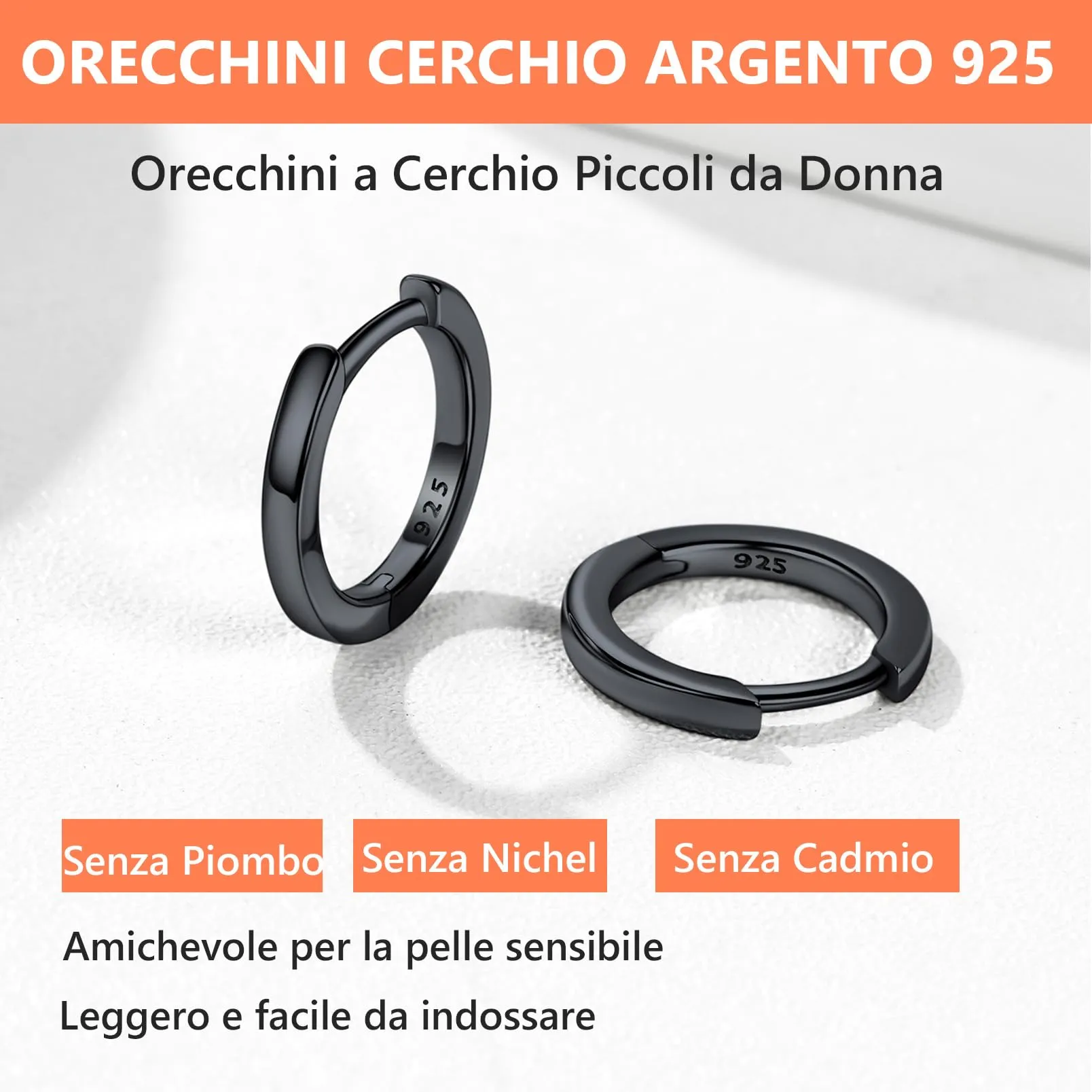 Silvora Orecchini a Cerchio in Argento 925, 10mm, Nero - immagine 6
