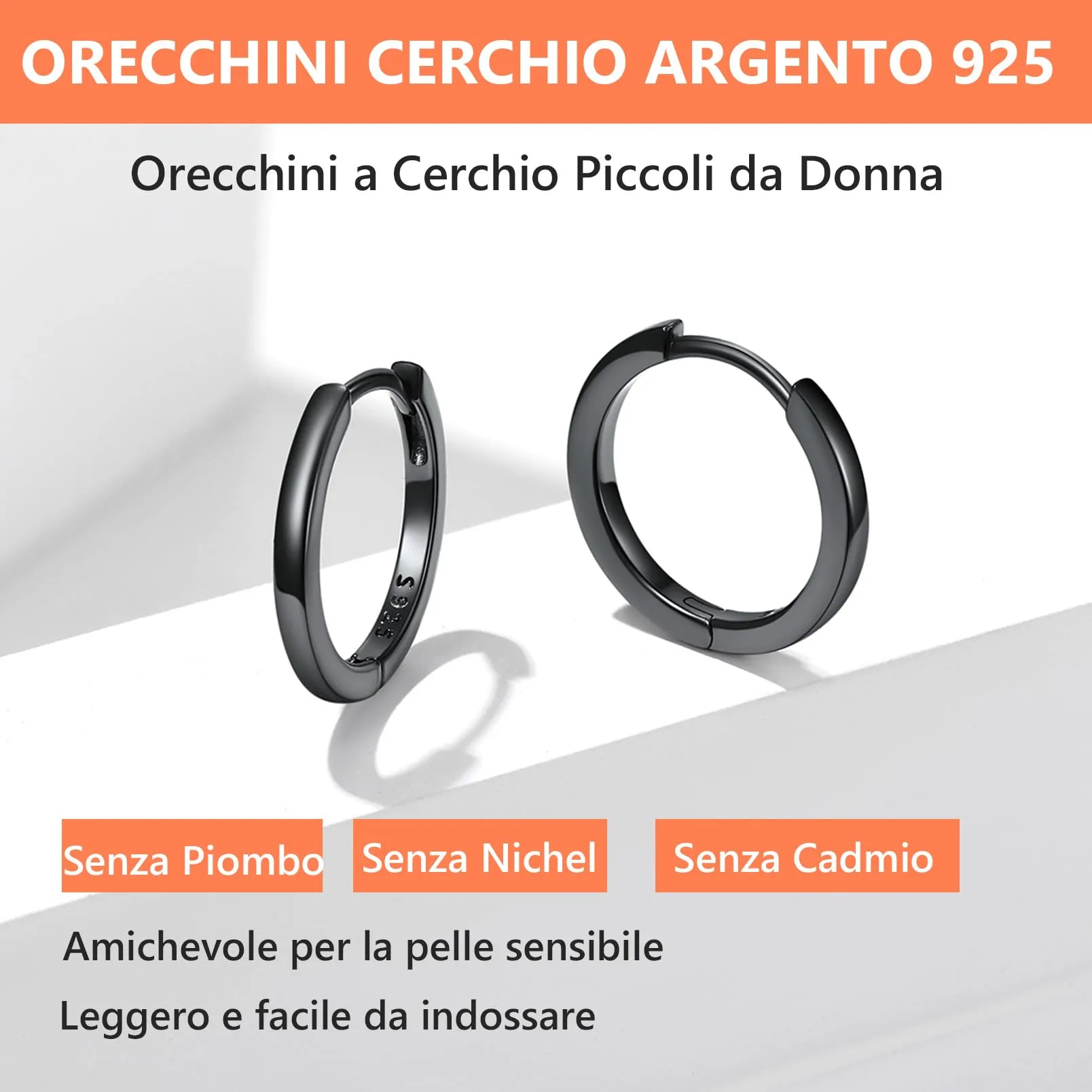 Silvora Orecchini a Cerchio in Argento 925, 12mm, Nero - immagine 6