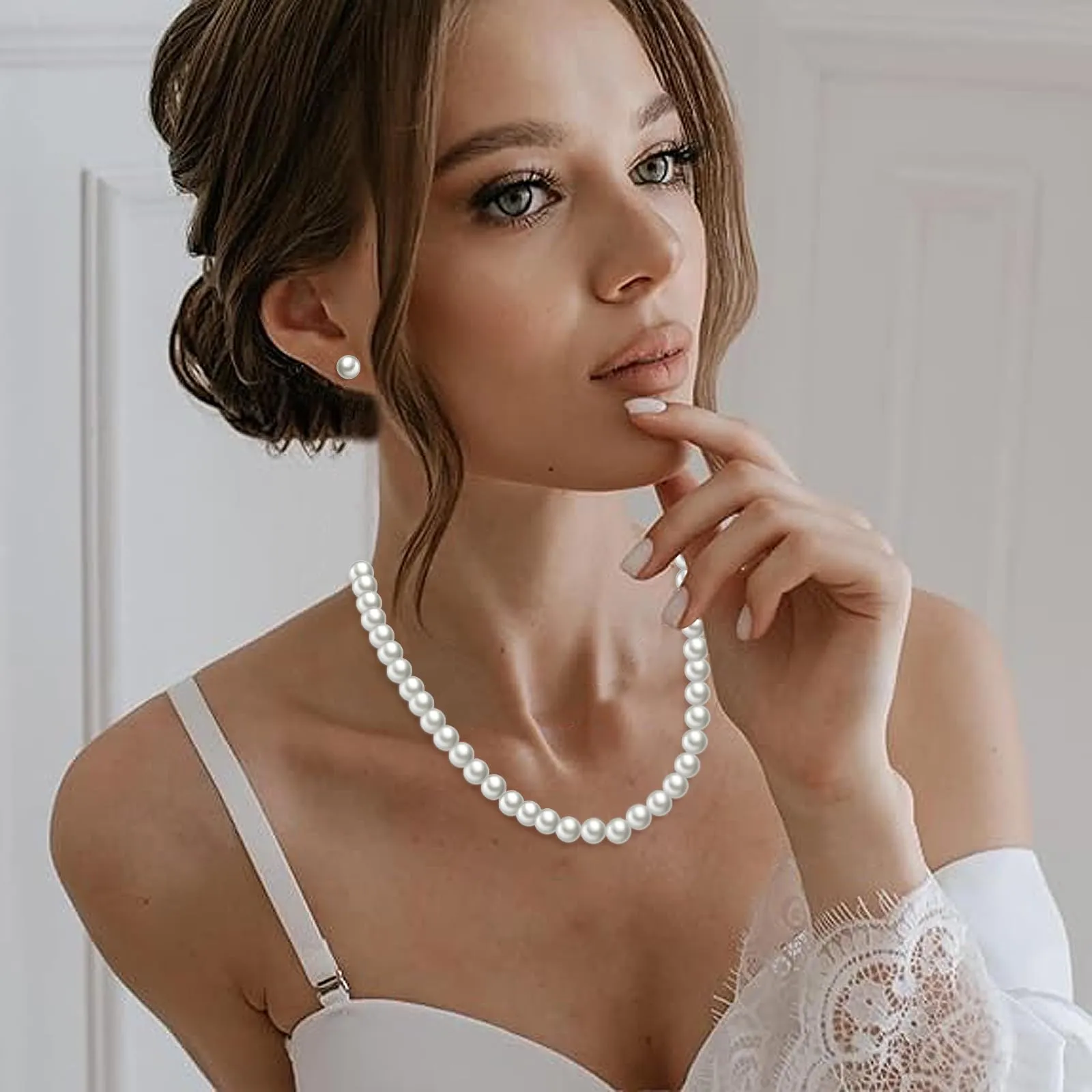 AOWVUTS Set di Gioielli in Perle Coltivate d'Acqua Dolce Bianco e Argento con Collana, Bracciale e Orecchini (7mm) - immagine 5