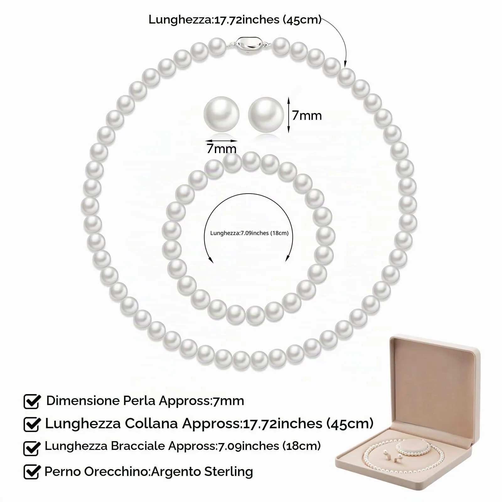 AOWVUTS Set di Gioielli in Perle Coltivate d'Acqua Dolce Bianco e Argento con Collana, Bracciale e Orecchini (7mm) - immagine 7