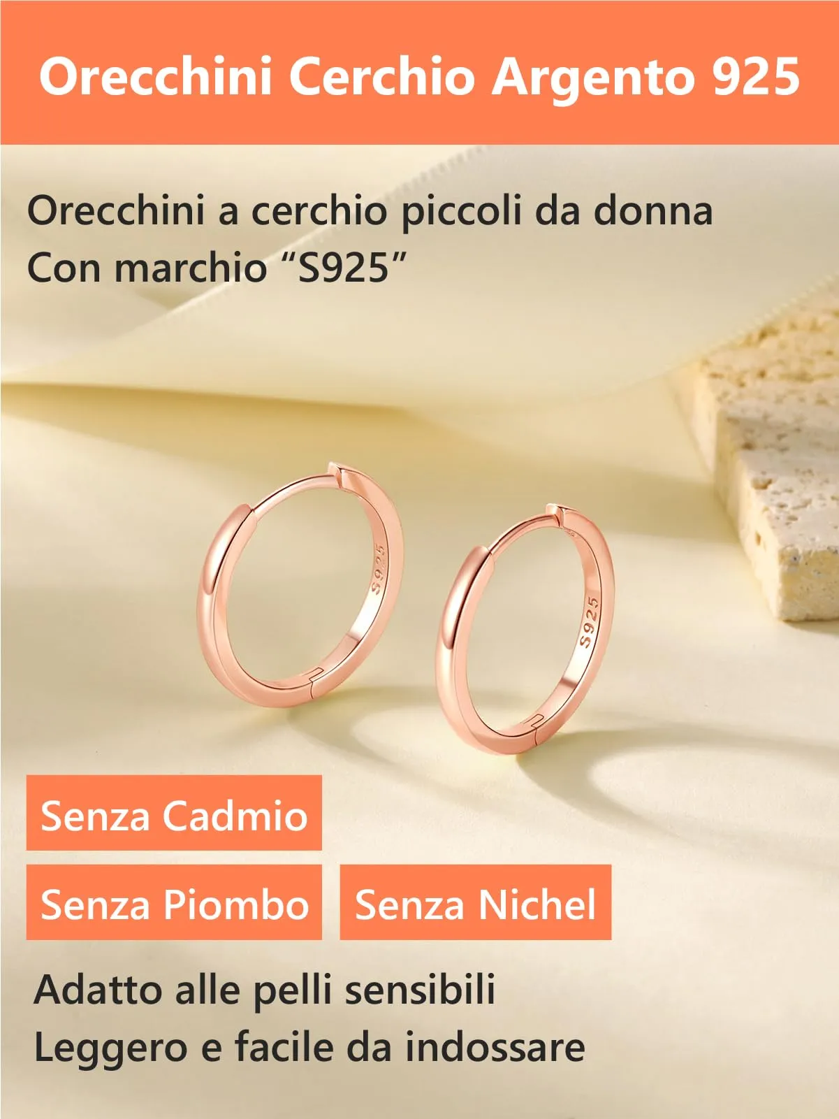 Silvora Orecchini a Cerchio in Argento 925 Oro Rosa, 18mm - immagine 6