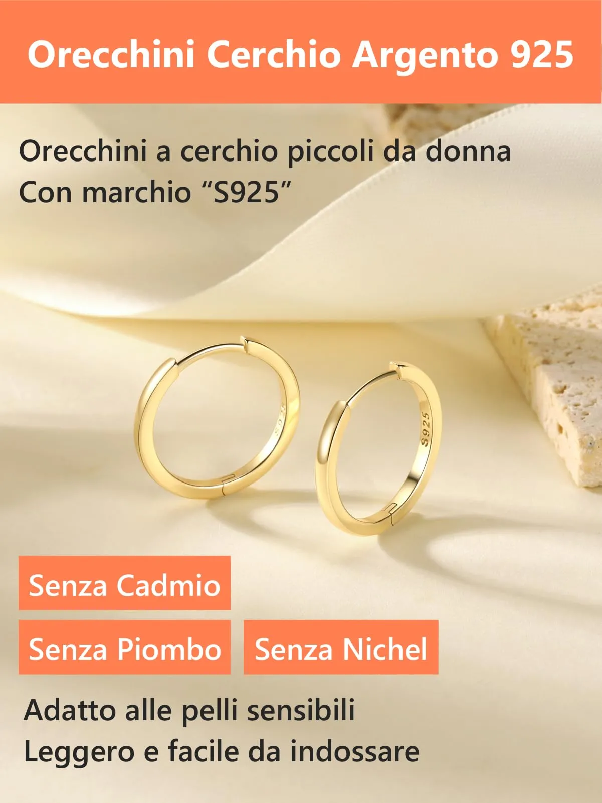 Silvora Orecchini a Cerchio in Argento 925 Dorati, 16mm - immagine 6