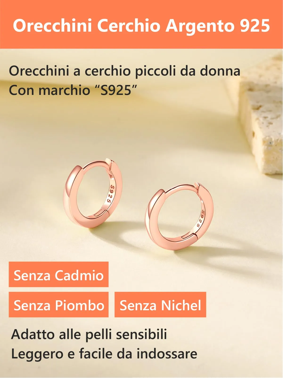 Silvora Orecchini a Cerchio in Argento 925 Oro Rosa, 8mm - immagine 6