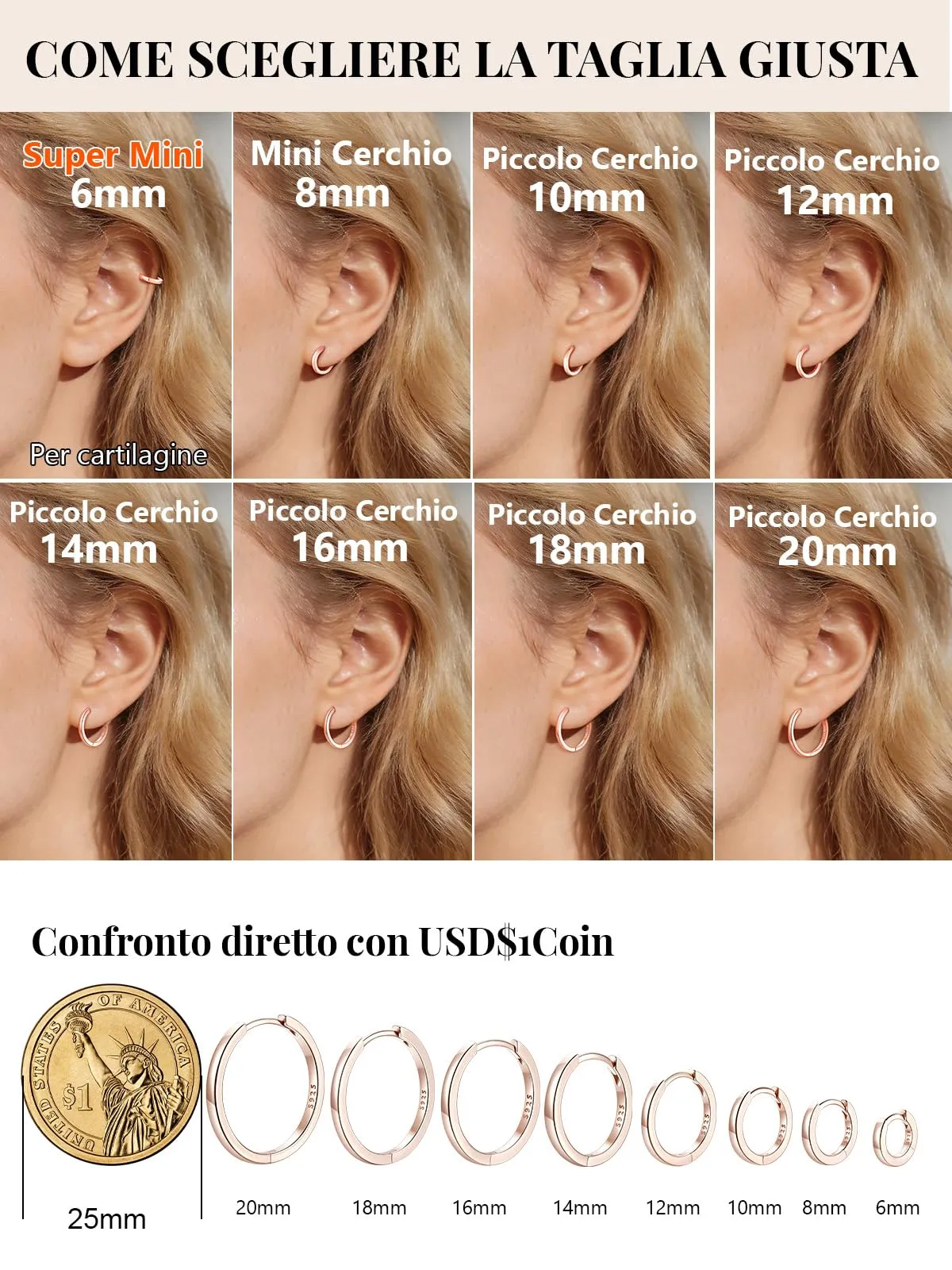 Silvora Orecchini a Cerchio in Argento 925, 14mm, Oro Rosa - immagine 4