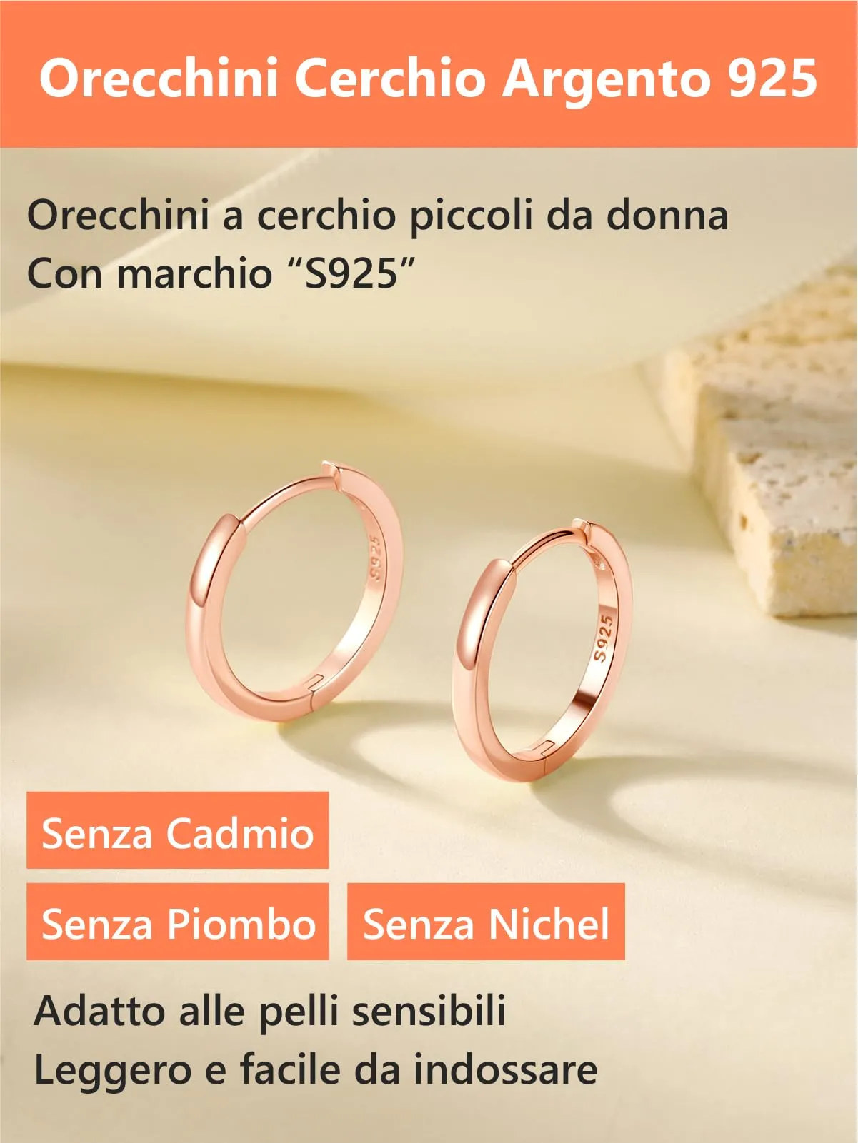 Silvora Orecchini a Cerchio in Argento 925, 14mm, Oro Rosa - immagine 6