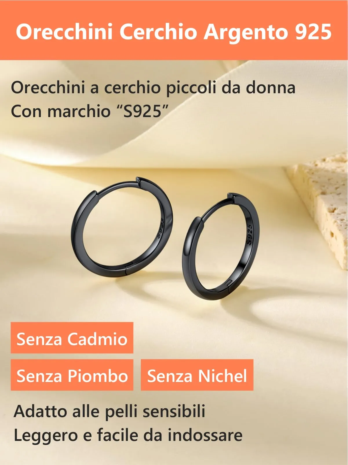 Silvora Orecchini a Cerchio in Argento 925, 16mm, Nero - immagine 6
