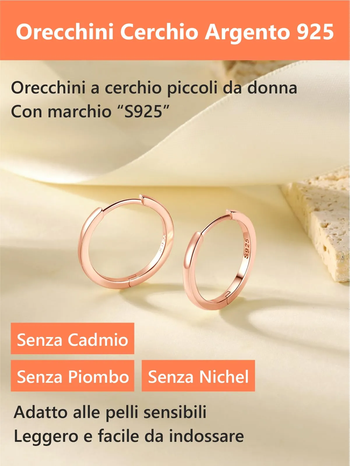 Silvora Orecchini a Cerchio in Argento 925 Oro Rosa, 16mm - immagine 6