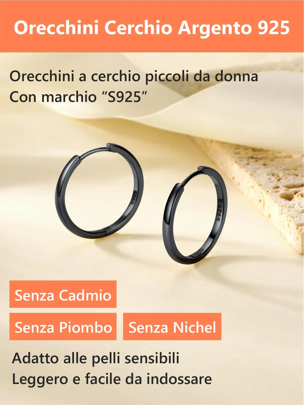 Silvora Orecchini a Cerchio in Argento 925, 20mm, Nero - immagine 6