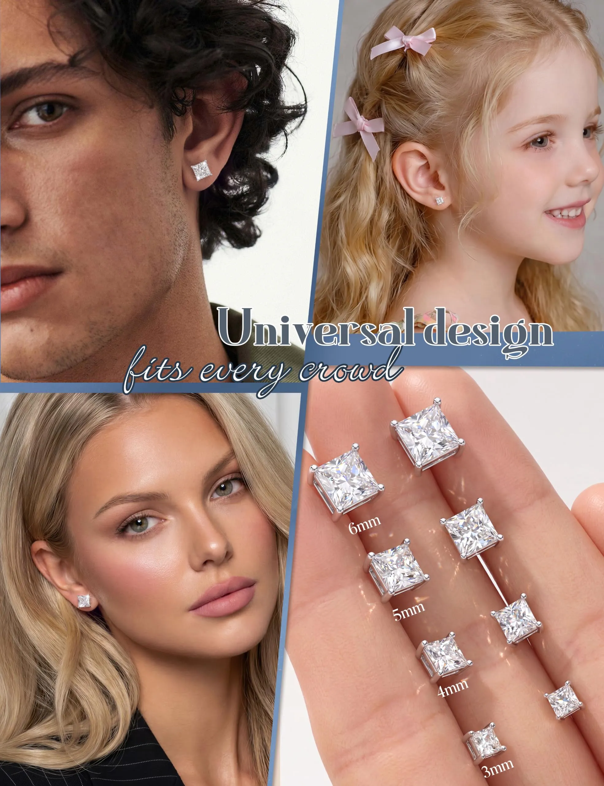Dochais Set di 4 Paia di Orecchini in Argento Sterling 925 con Zirconi Cubici, Ipoallergenici, 3/4/5/6 mm - immagine 4