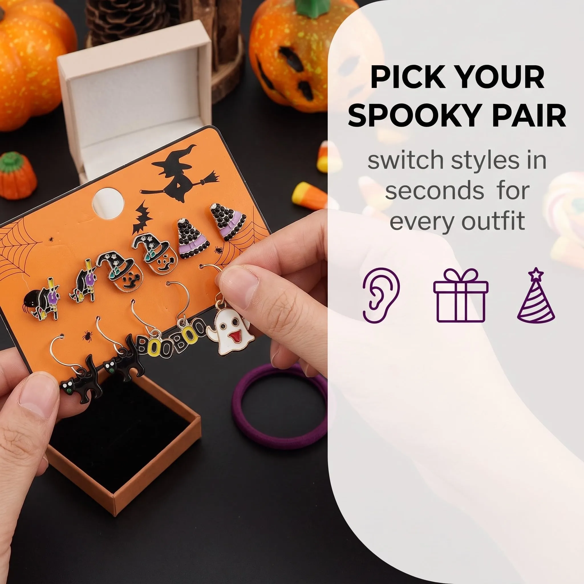 IMLDUY Set di 6 Paia di Orecchini Halloween per Donna e Ragazze con Zucca, Fantasma, Gatto Nero e Cappello da Strega - immagine 2