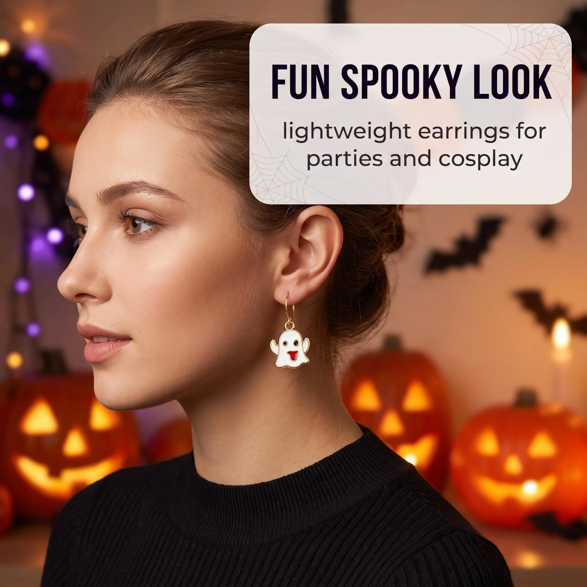 IMLDUY Set di 6 Paia di Orecchini Halloween per Donna e Ragazze con Zucca, Fantasma, Gatto Nero e Cappello da Strega - immagine 4