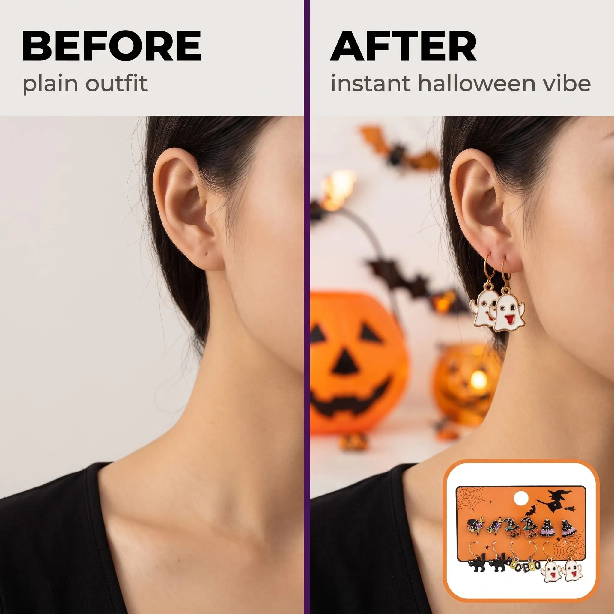 IMLDUY Set di 6 Paia di Orecchini Halloween per Donna e Ragazze con Zucca, Fantasma, Gatto Nero e Cappello da Strega - immagine 5