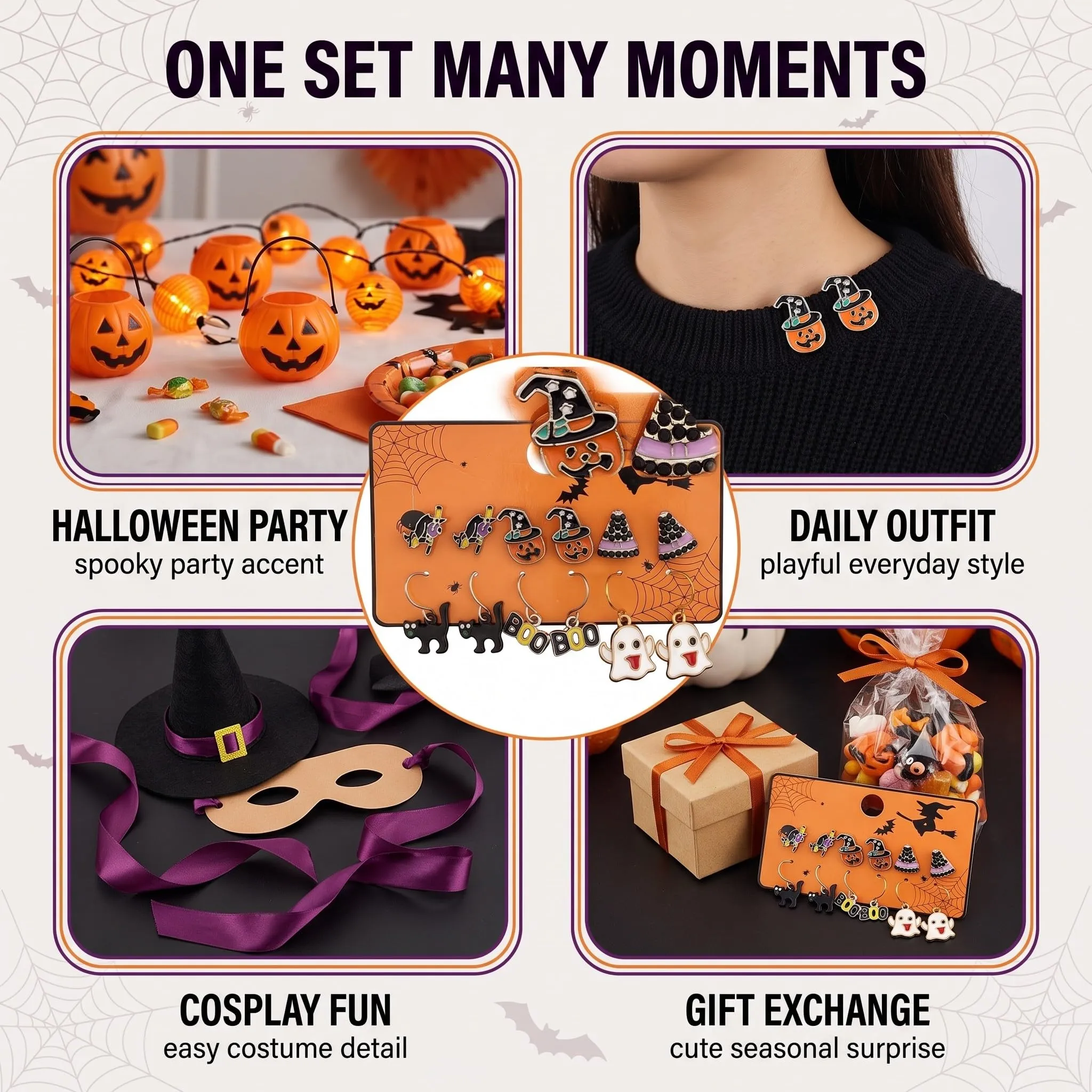 IMLDUY Set di 6 Paia di Orecchini Halloween per Donna e Ragazze con Zucca, Fantasma, Gatto Nero e Cappello da Strega - immagine 6