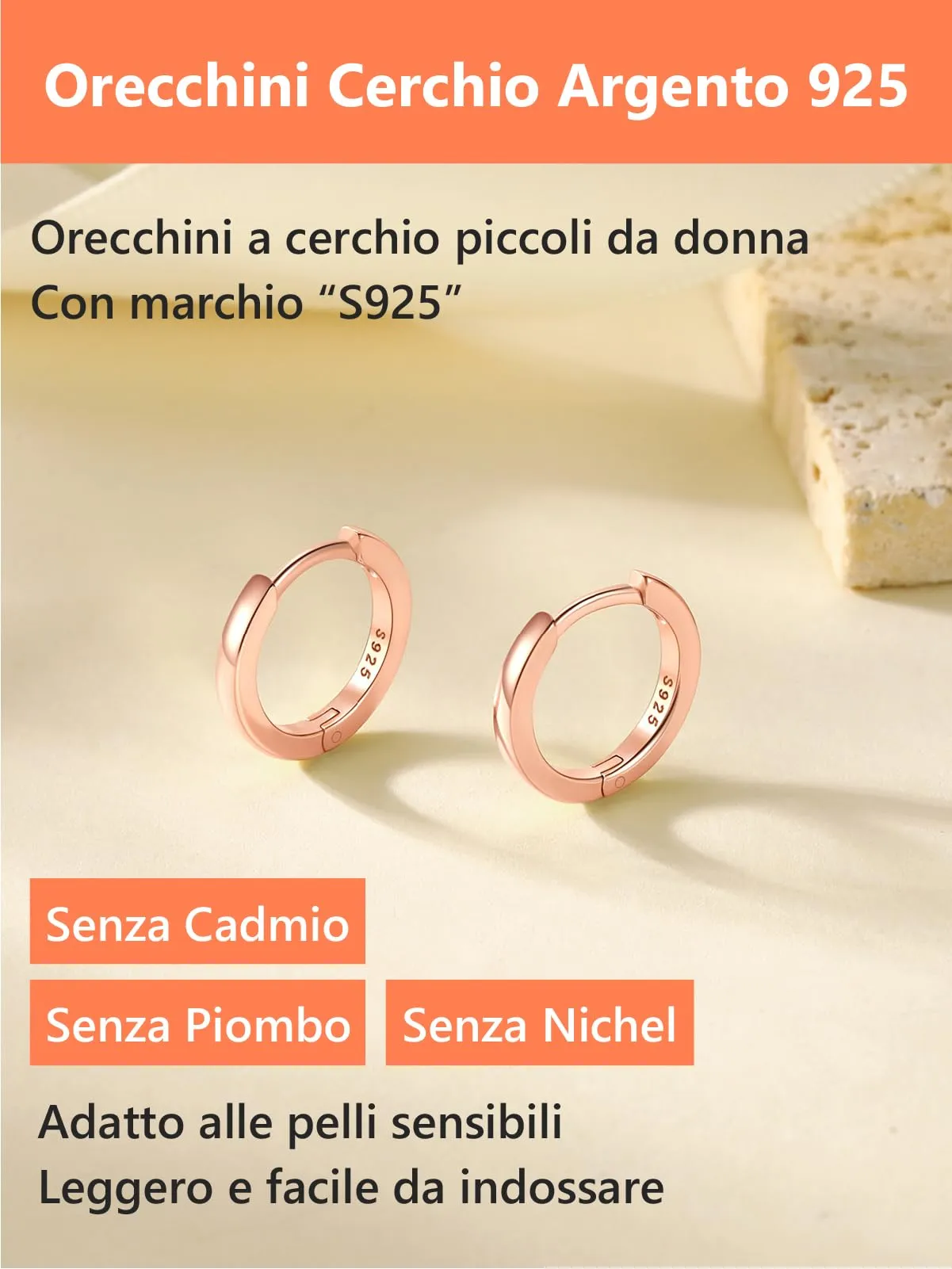 Silvora Orecchini a Cerchio in Argento 925 Oro Rosa, 10mm - immagine 6
